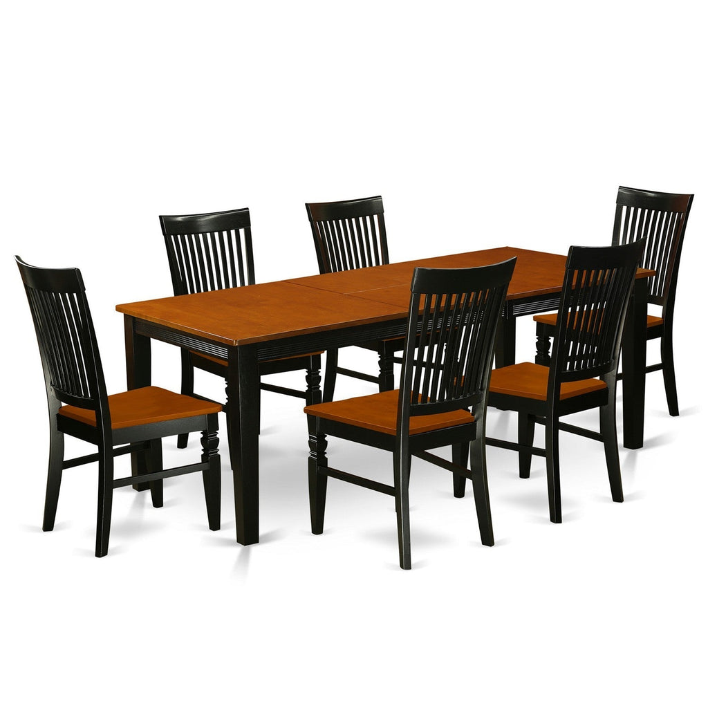 Juego de mesa de comedor East West Furniture QUWE7-BCH-W de 7 piezas compuesto por una mesa de comedor rectangular con hojas de mariposa y 6 sillas de comedor.
