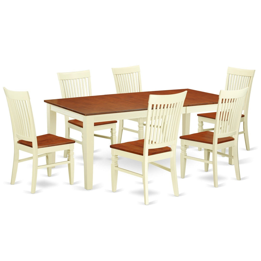 Juego de mesa de comedor moderna de 7 piezas East West Furniture QUWE7-BMK-W compuesto por una mesa rectangular de madera con diseño de hojas de mariposa y 6 sillas de comedor.
