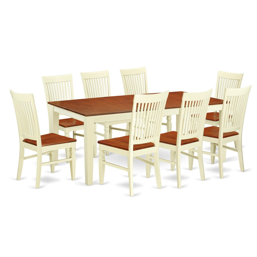 El juego de comedor East West Furniture QUWE9-BMK-W de 9 piezas incluye una mesa rectangular de madera con diseño de hojas de mariposa y 8 sillas de comedor de cocina.