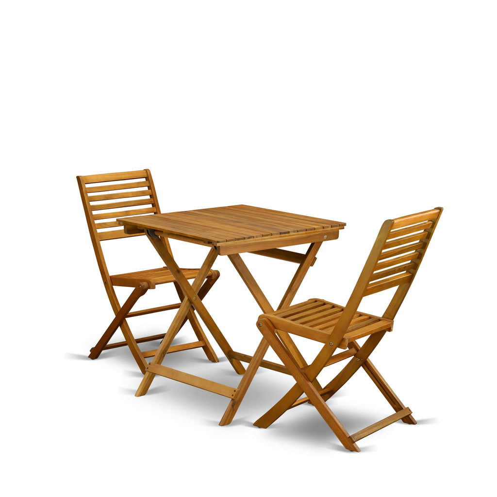 East West Furniture SEBS3CWNA 3 Piece Patio Bistro Sets Wood Folding Table Set Contains a Square Outdoor Acacia Wood Coffee Table and 2 Folding Side Chairs