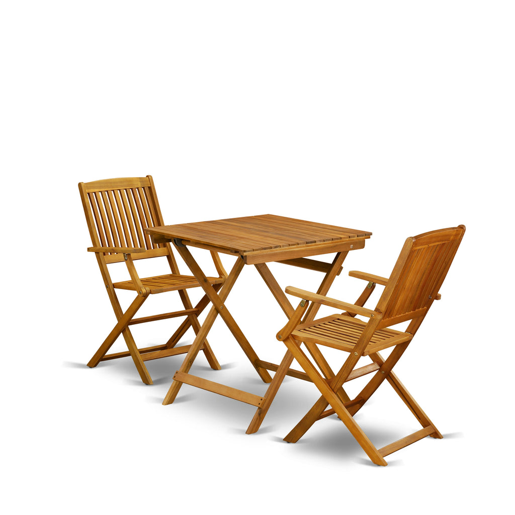 East West Furniture SECM3CANA 3 Piece Patio Bistro Sets Wood Folding Table Set Contains a Square Outdoor Acacia Wood Coffee Table and 2 Folding Arm Chairs