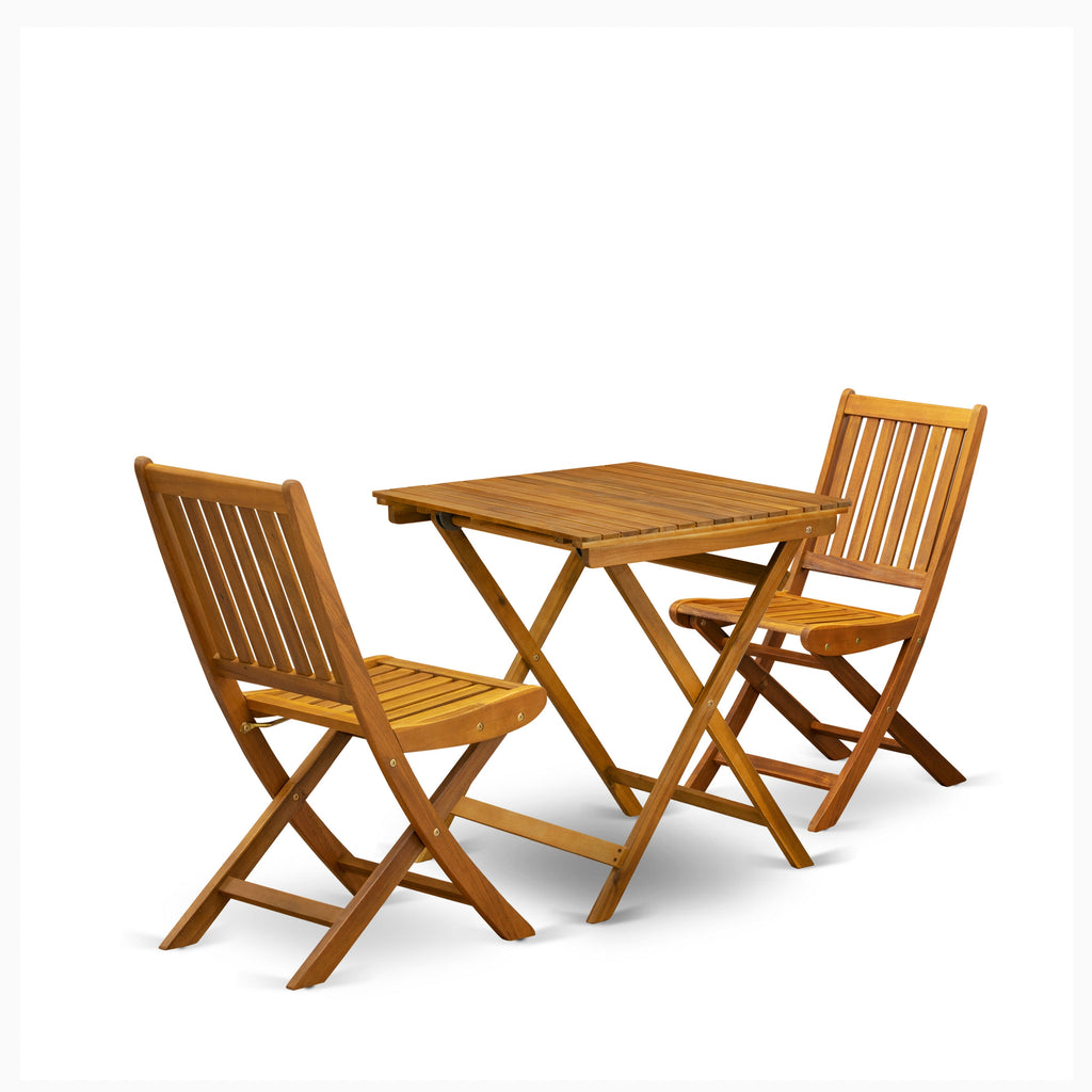 East West Furniture SECM3CWNA 3 Piece Outdoor Conversation Bistro Set Contains a Square Acacia Wood Coffee Table and 2 Folding Side Chairs