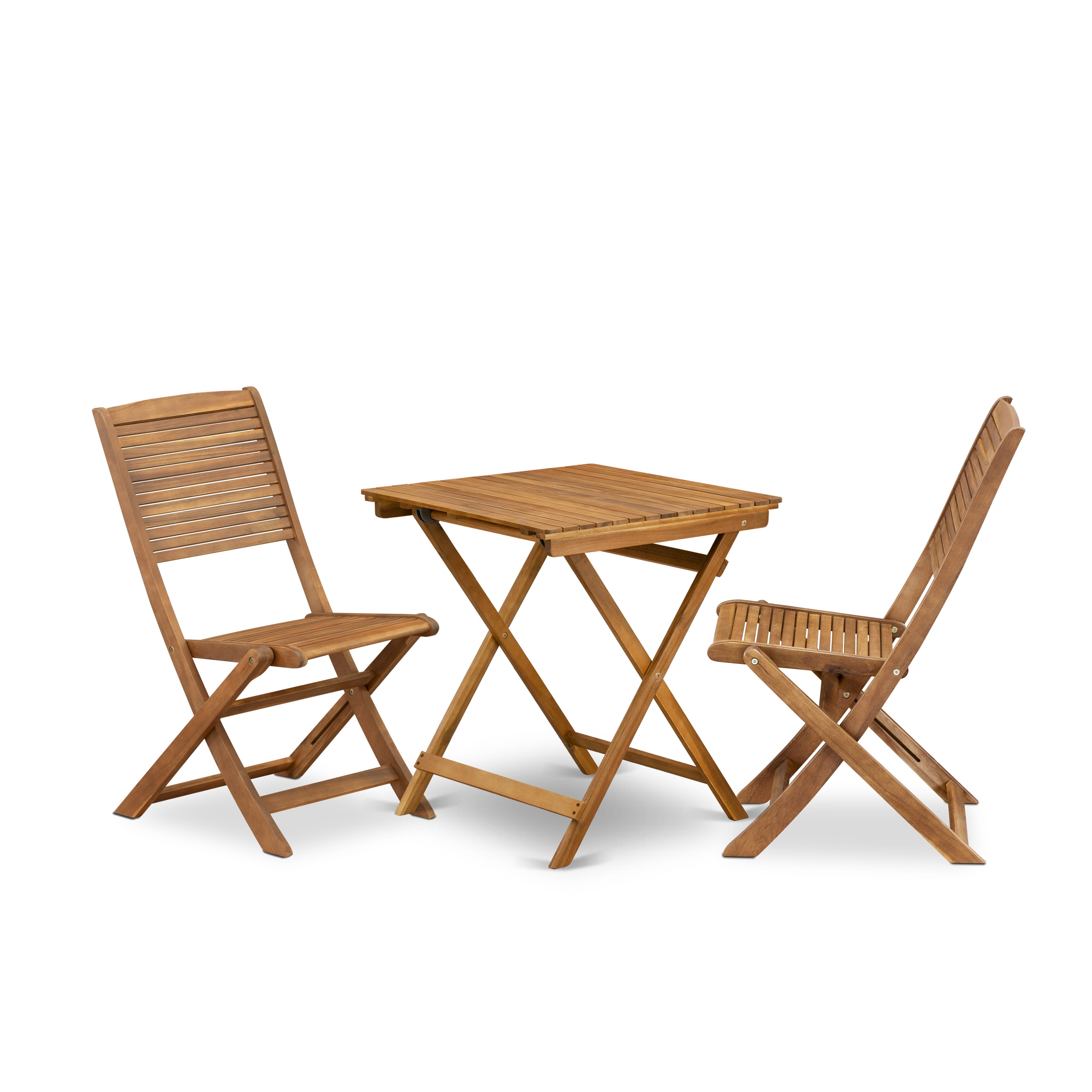 East West Furniture SEFM3CWNA 3 Piece Outdoor Conversation Bistro Set Includes a Square Acacia wood Coffee Table and 2 Folding Side Chairs, 26x26 Inch, Natural Oil