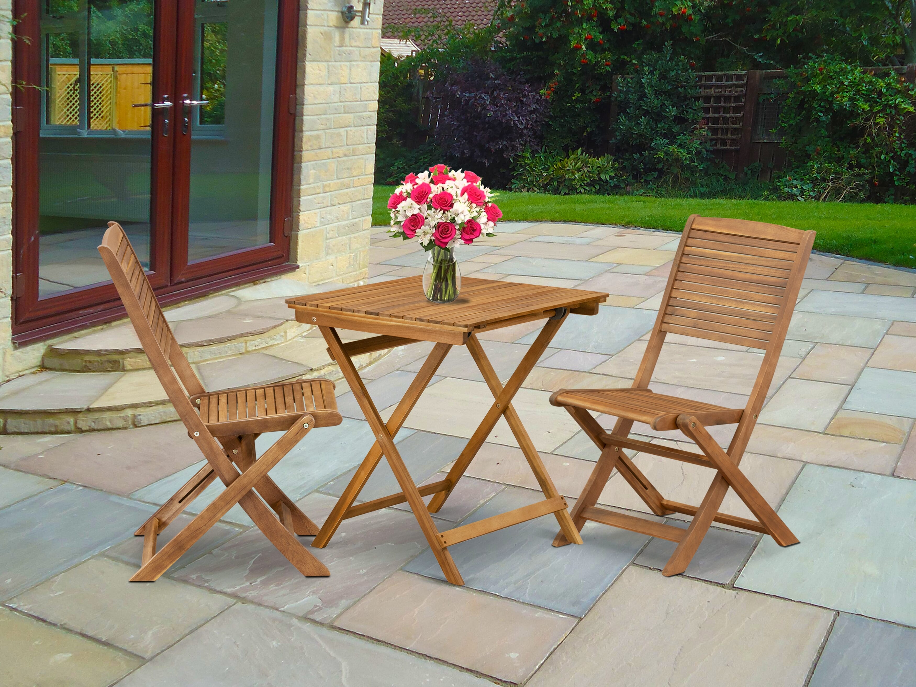 East West Furniture SEFM3CWNA 3 Piece Outdoor Conversation Bistro Set Includes a Square Acacia wood Coffee Table and 2 Folding Side Chairs, 26x26 Inch, Natural Oil