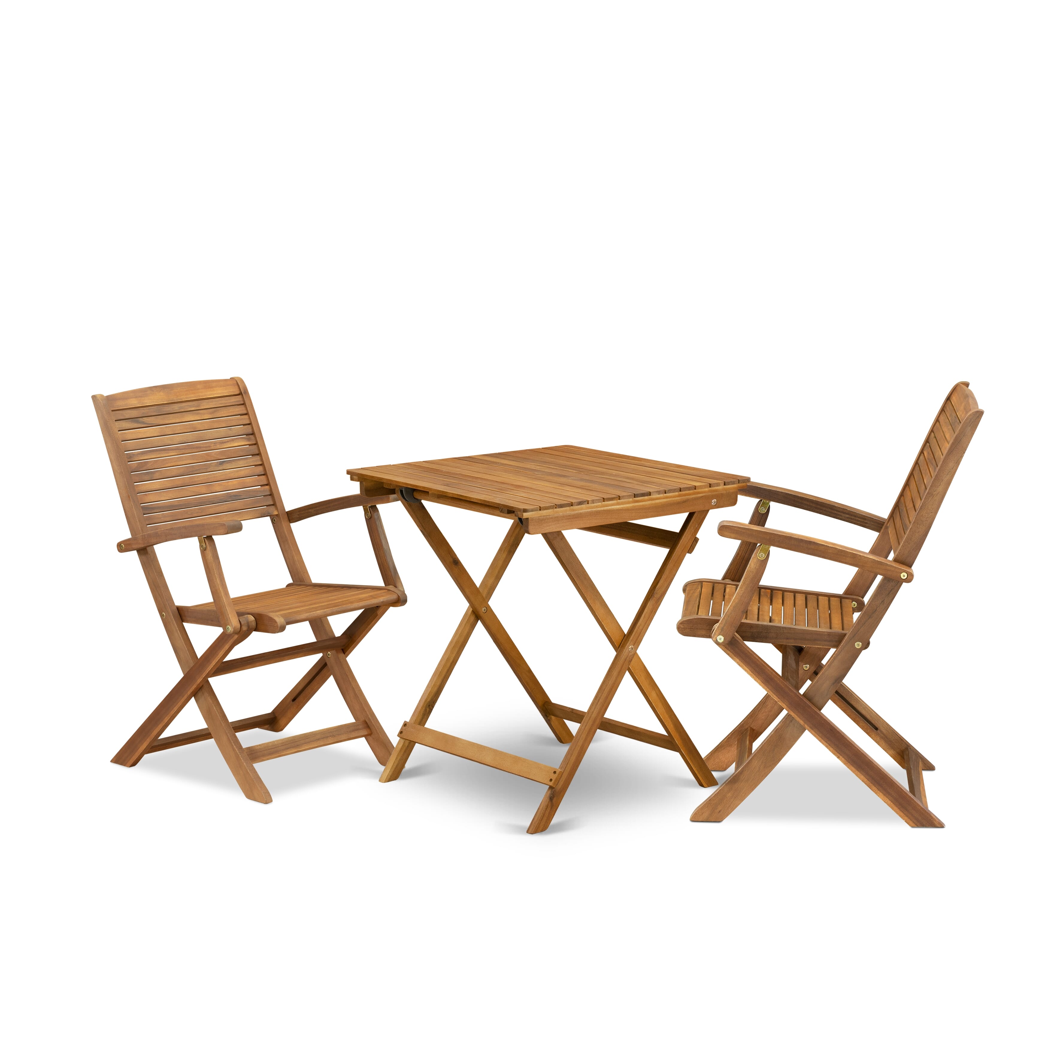 East West Furniture SEHD3CANA Juego de bistró para patio de 3 piezas El juego de mesa de madera contiene una mesa de centro cuadrada de madera de acacia para exteriores y 2 sillas plegables con brazos