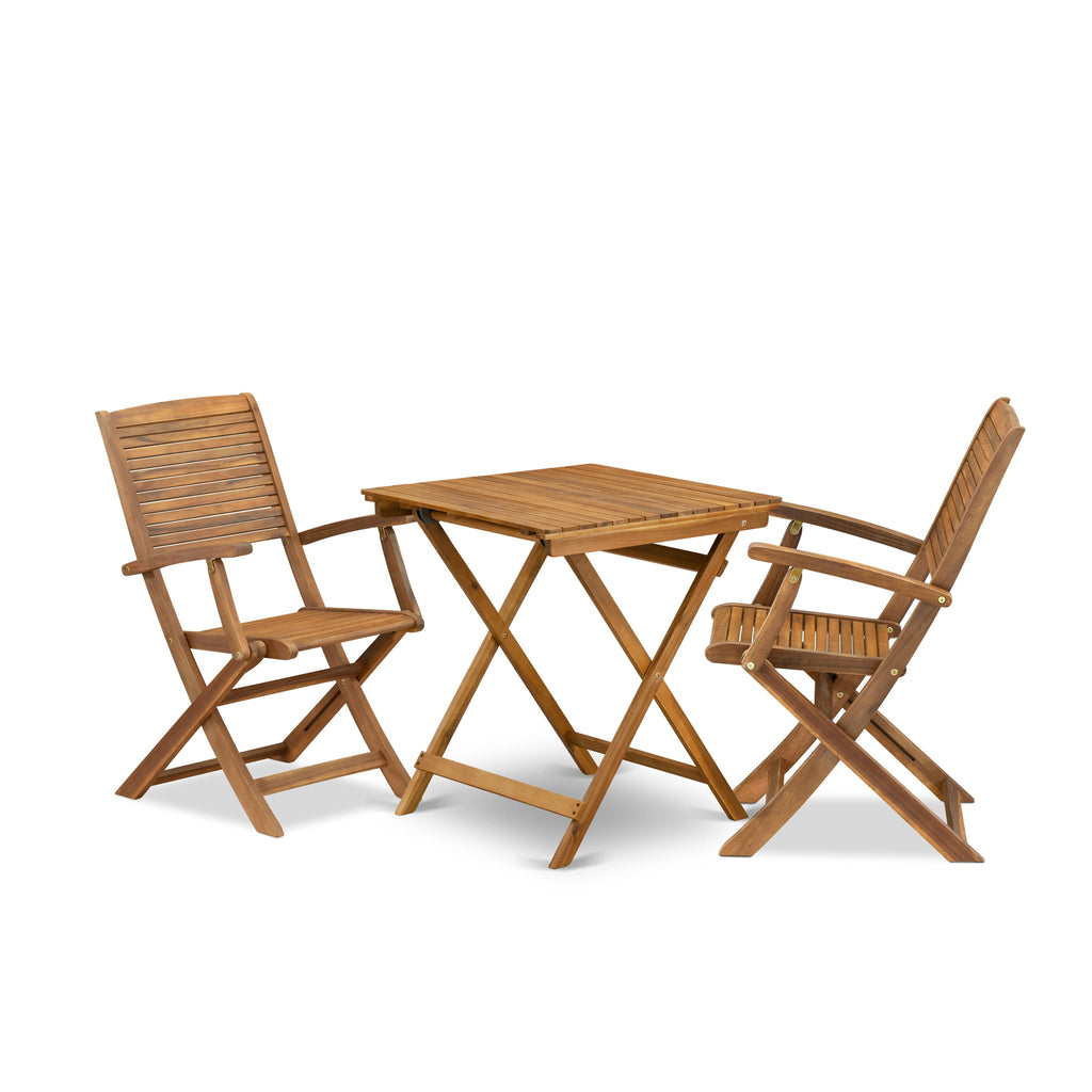 East West Furniture SEHD3CANA Juego de bistró para patio de 3 piezas El juego de mesa de madera contiene una mesa de centro cuadrada de madera de acacia para exteriores y 2 sillas plegables con brazos