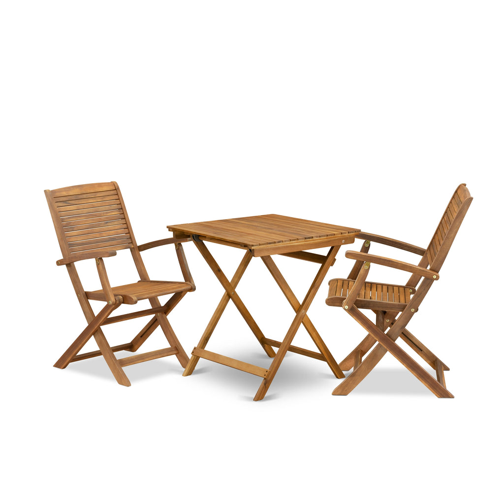 East West Furniture SEHD3CANA 3 Piece Patio Bistro Sets Wood Table Set Contains a Square Outdoor Acacia Wood Coffee Table and 2 Folding Arm Chairs, 26x26 Inch, Natural Oil