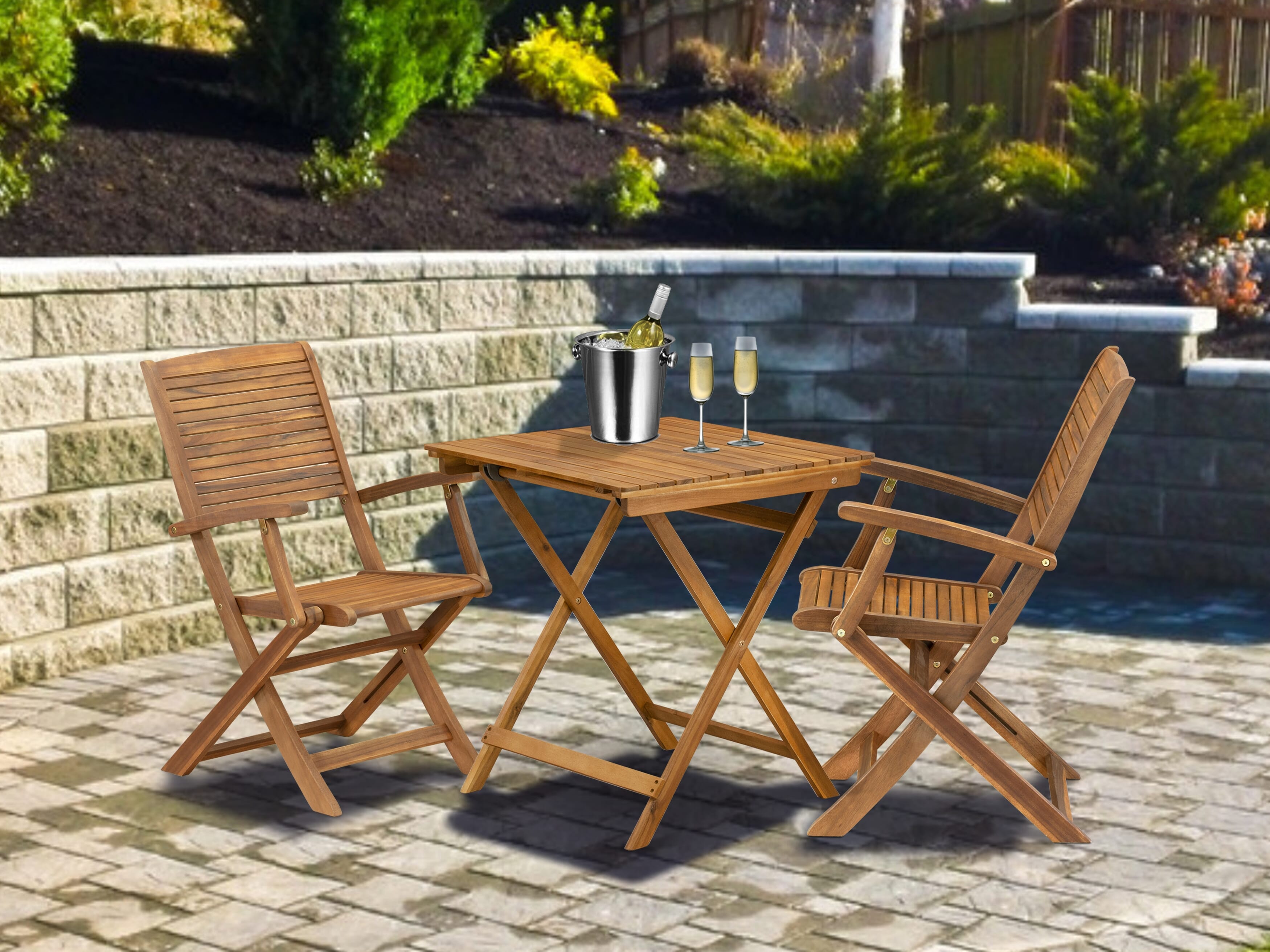 East West Furniture SEHD3CANA Juego de bistró para patio de 3 piezas El juego de mesa de madera contiene una mesa de centro cuadrada de madera de acacia para exteriores y 2 sillas plegables con brazos