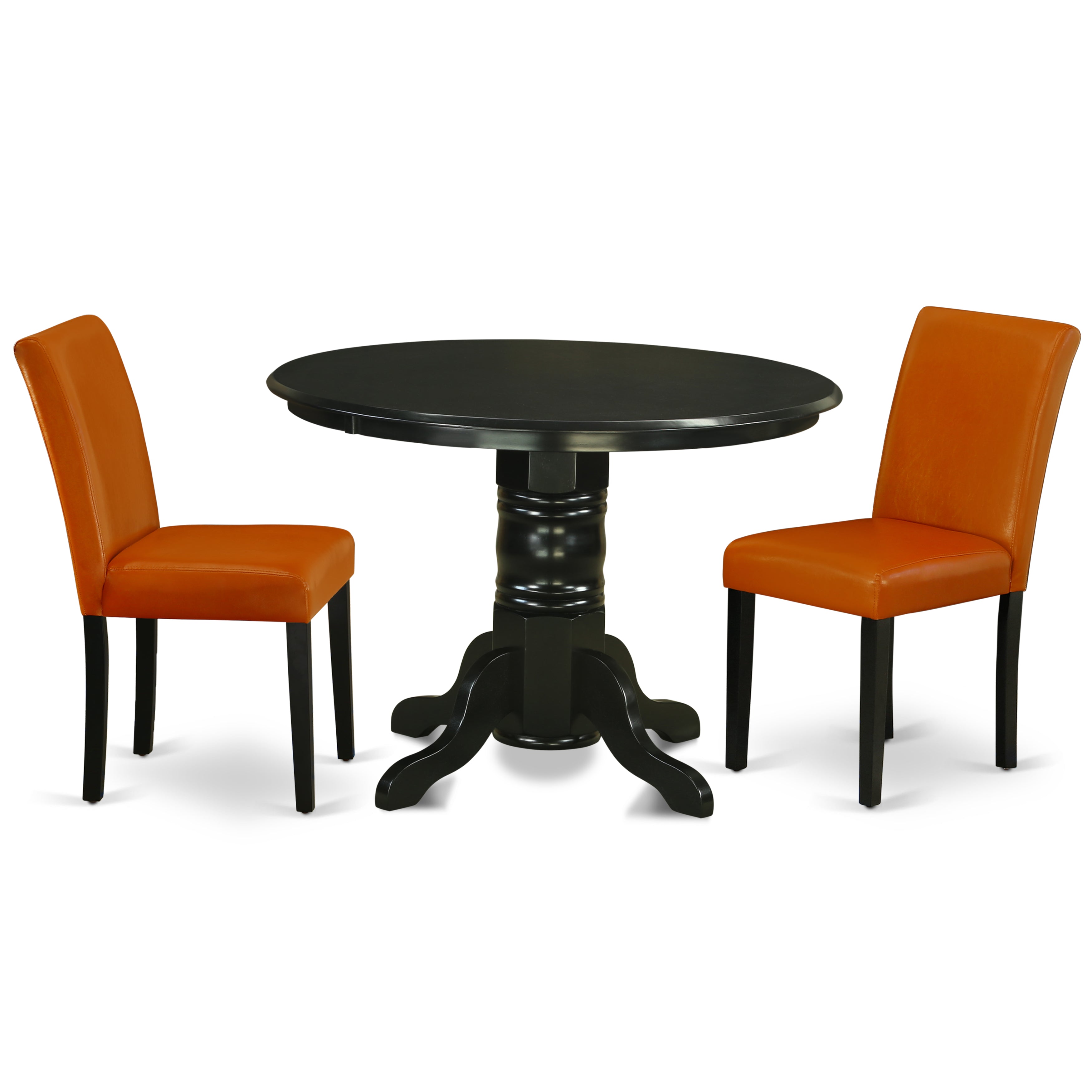 Juego de mesa de comedor de 3 piezas East West Furniture SHAB3-BLK-61. Incluye una mesa de cocina redonda con pedestal y dos sillas de comedor Parson de cuero sintético Baked Bean.