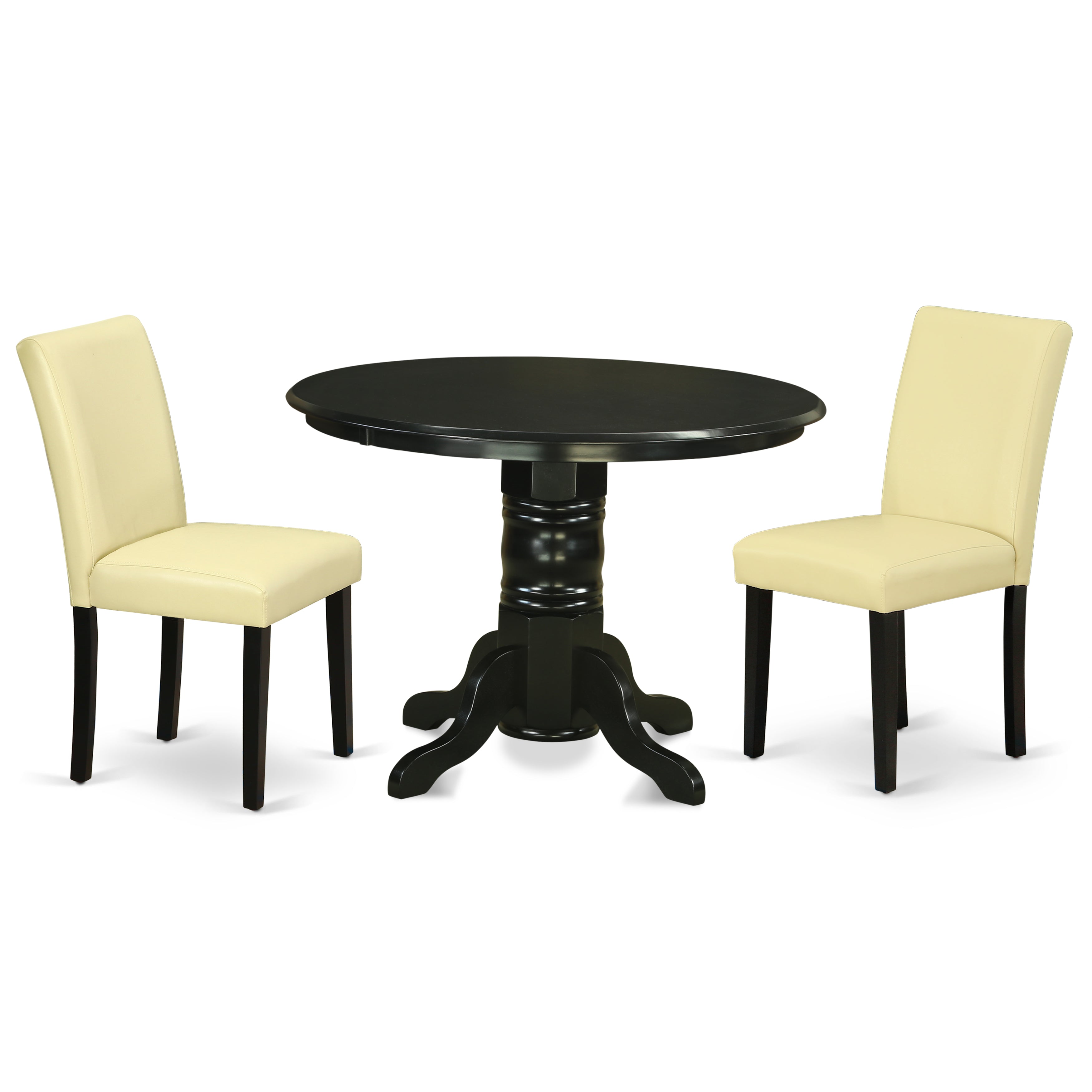 SHAB3-BLK-73 3Pc Round 42 Inch Dining Room Table And A Pair Of Parson Chair With Black Leg And Pu Leather Color Eggnog