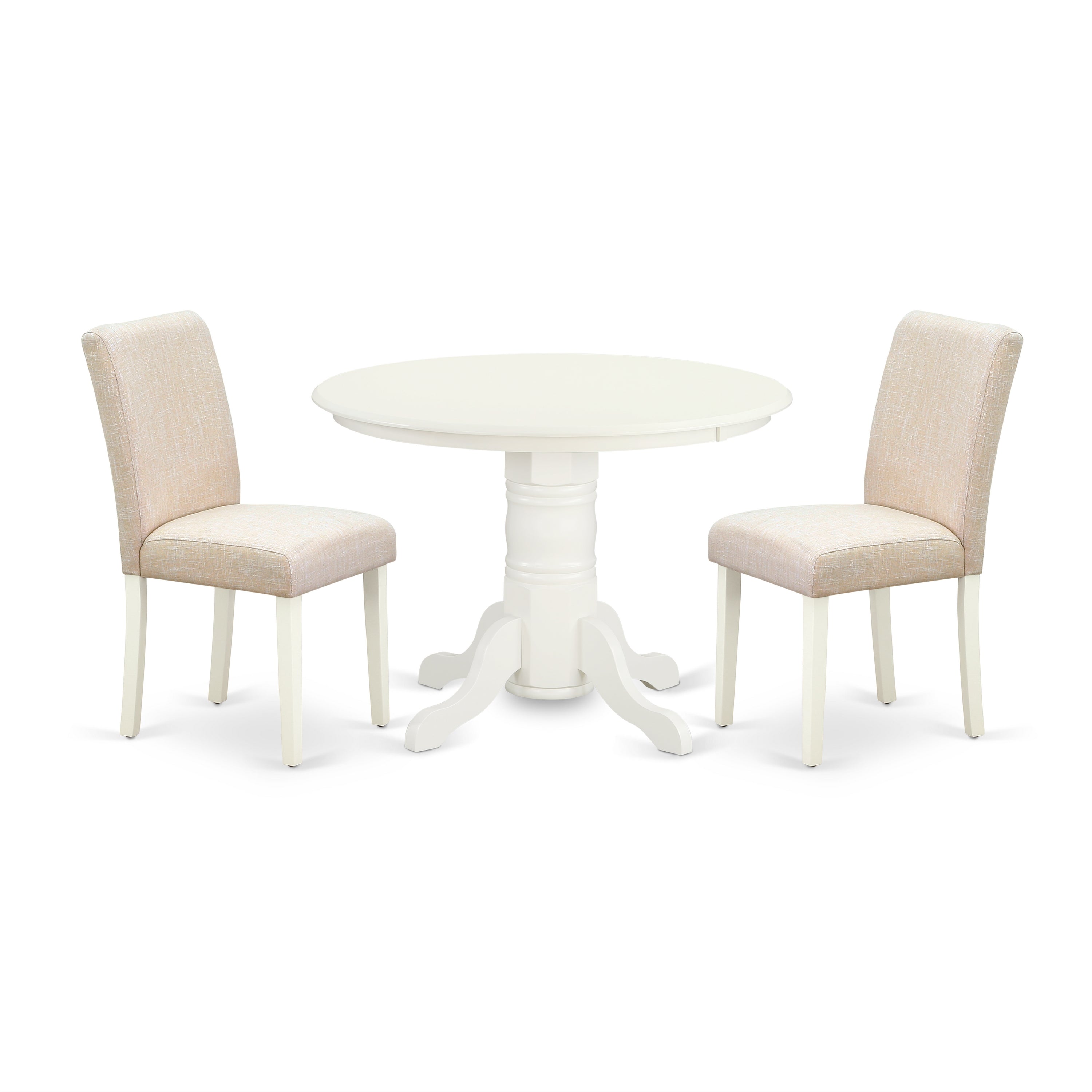 SHAB3-LWH-02 3Pc Round 42 Inch Dining Room Table And A Pair Of Parson Chair With Linen White Leg And Linen Fabric Light Beige