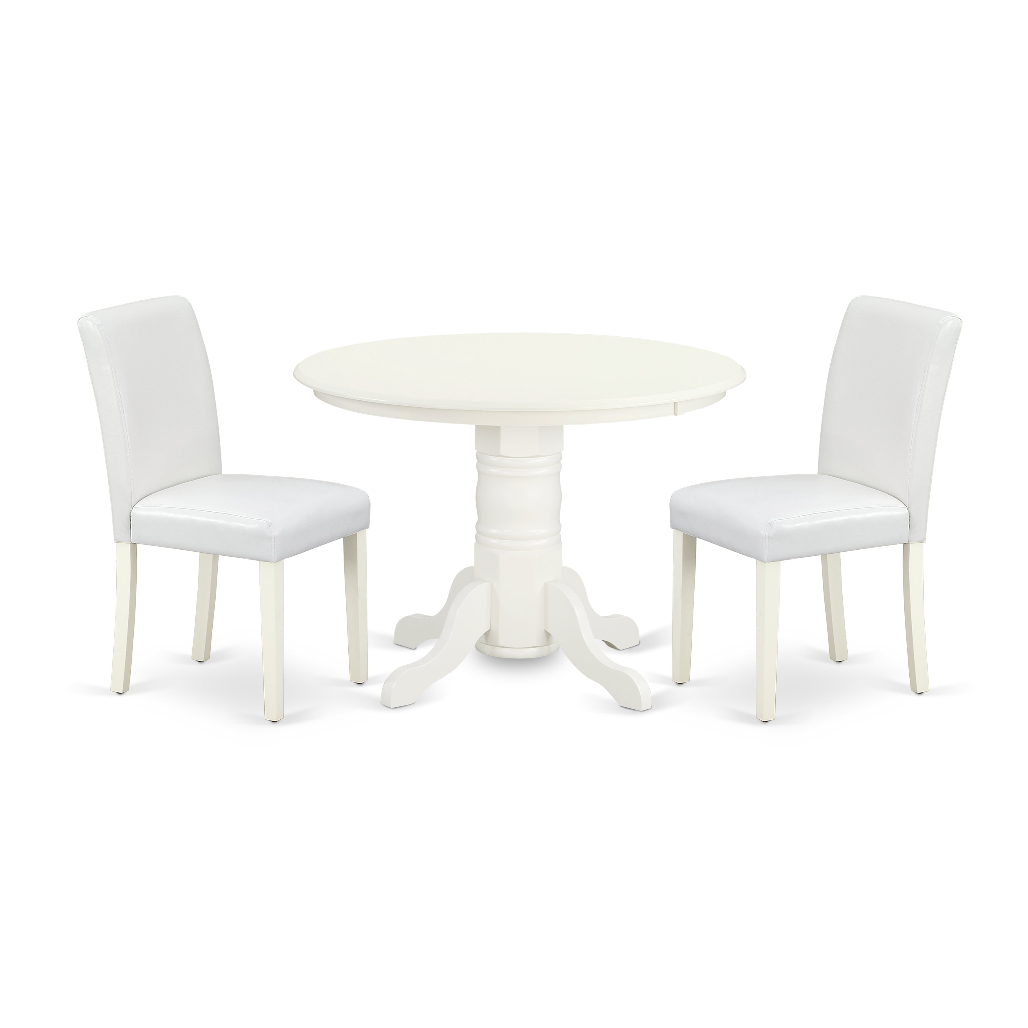 SHAB3-LWH-64 3Pc Round 42 Inch Dining Room Table And A Pair Of Parson Chair With Linen White Leg And Pu Leather Color White