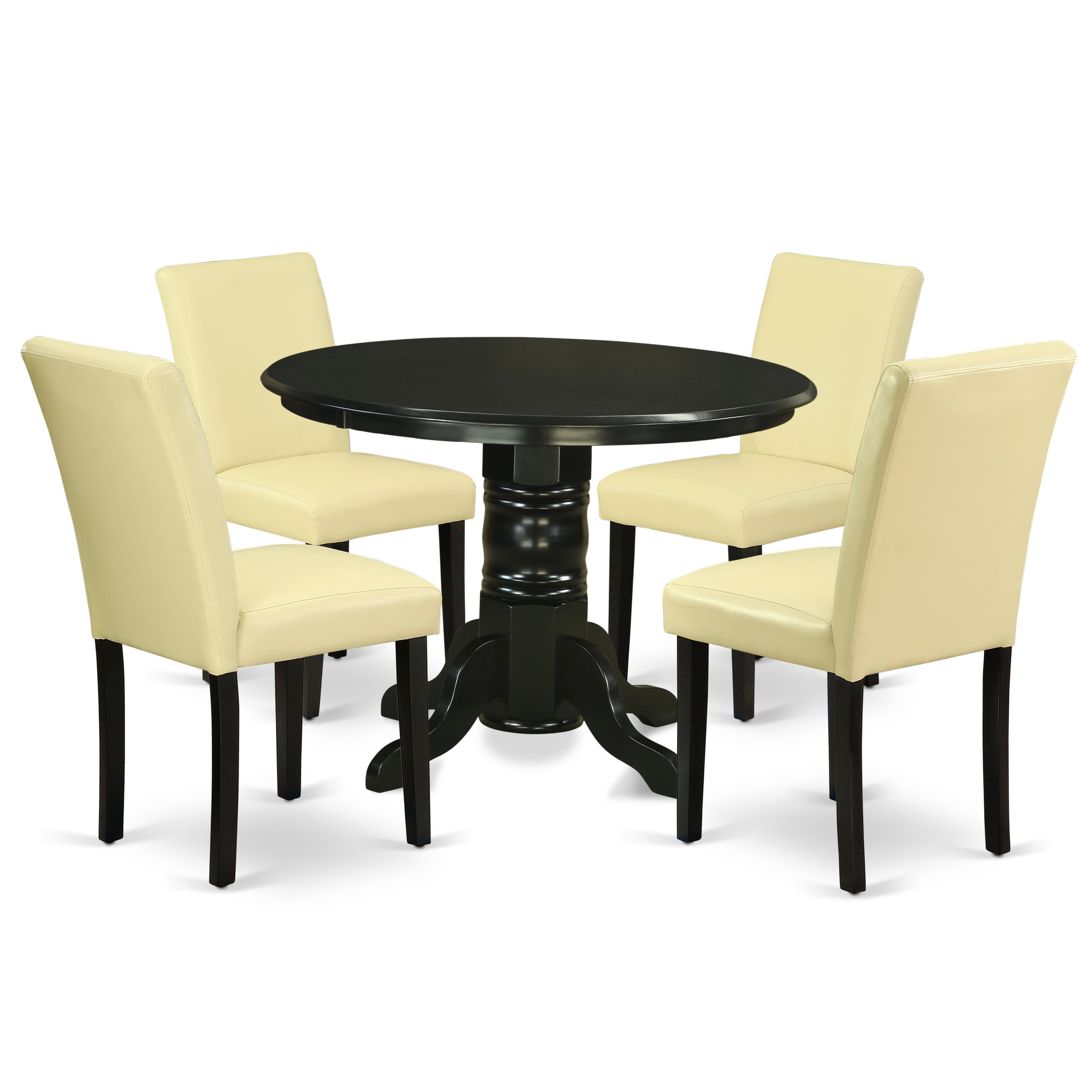 SHAB5-BLK-73 5Pc Rounded 42 Inch Dining Table And Four Parson Chair With Black Leg And Pu Leather Color Eggnog