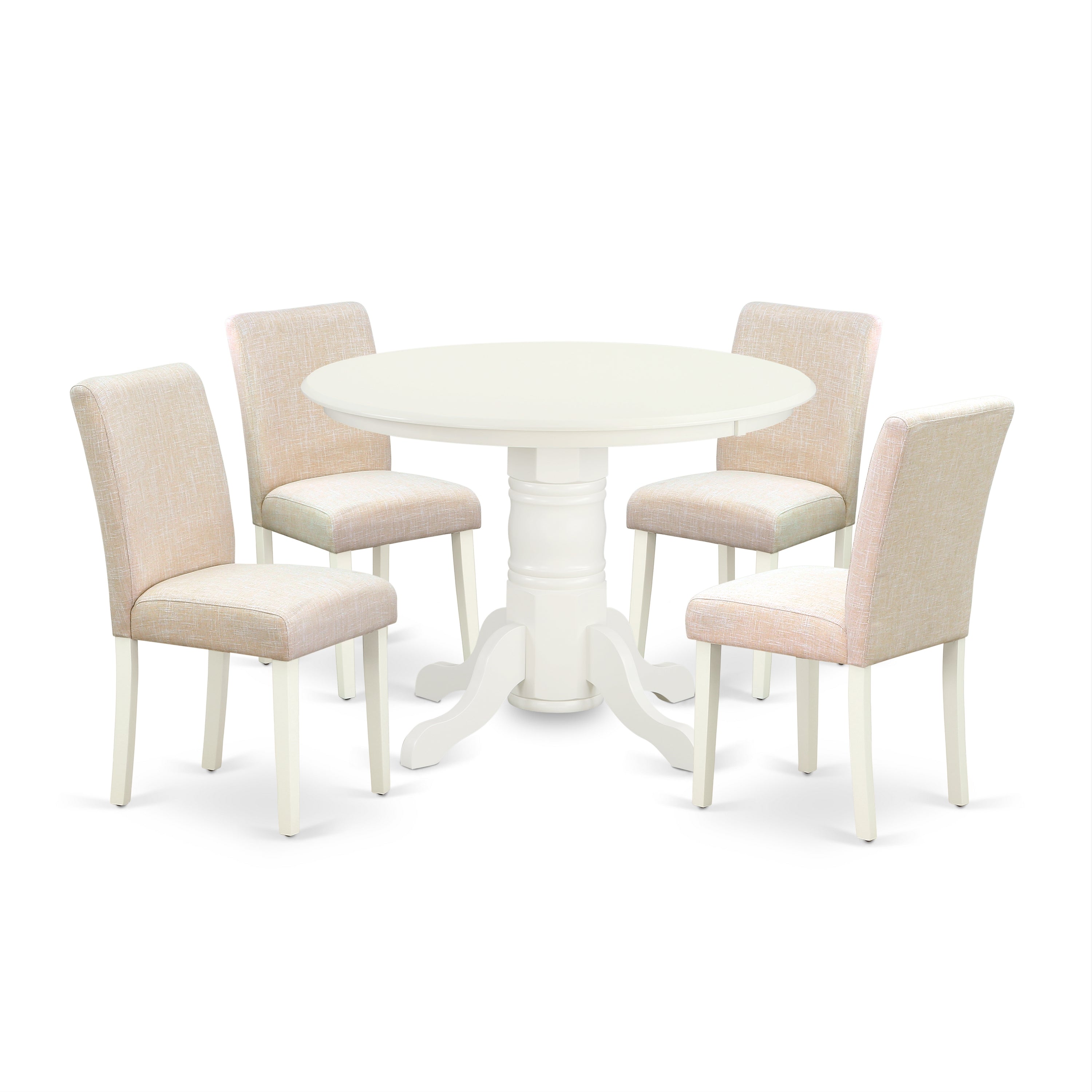 Juego de comedor de 5 piezas East West Furniture SHAB5-LWH-02 para 4 personas. Incluye una mesa de cocina redonda con pedestal y 4 sillas de comedor Parson de tela de lino beige claro.