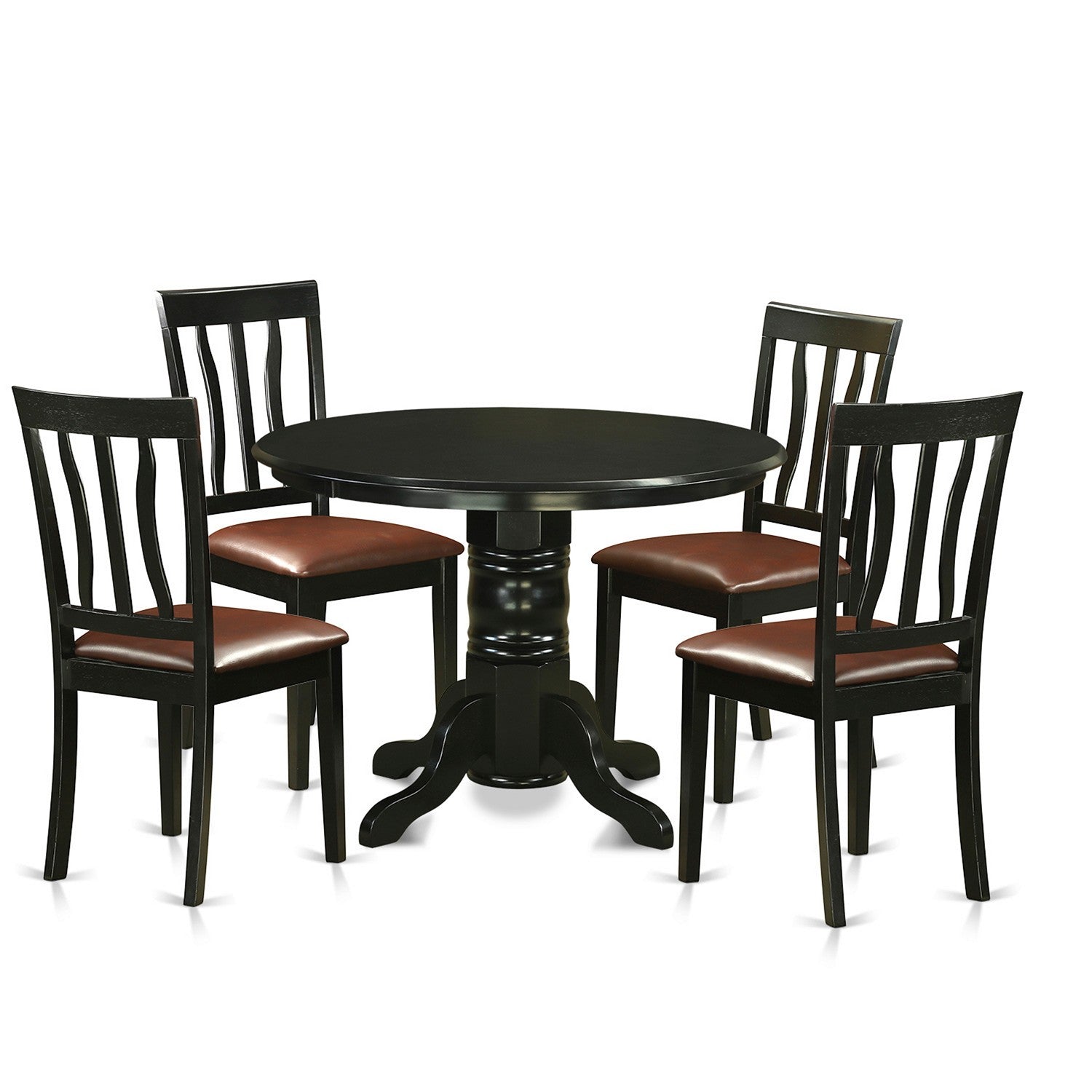 Juego de mesa y sillas de cocina de 5 piezas SHAN5-BLK-LC de East West Furniture. Incluye una mesa de comedor redonda con pedestal y 4 sillas de comedor tapizadas en piel sintética.