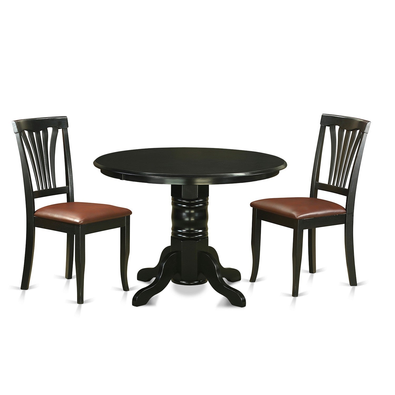 Juego de mesa de cocina de 3 piezas East West Furniture SHAV3-BLK-LC para espacios pequeños. Contiene una mesa de comedor redonda con pedestal y 2 sillas tapizadas en piel sintética.