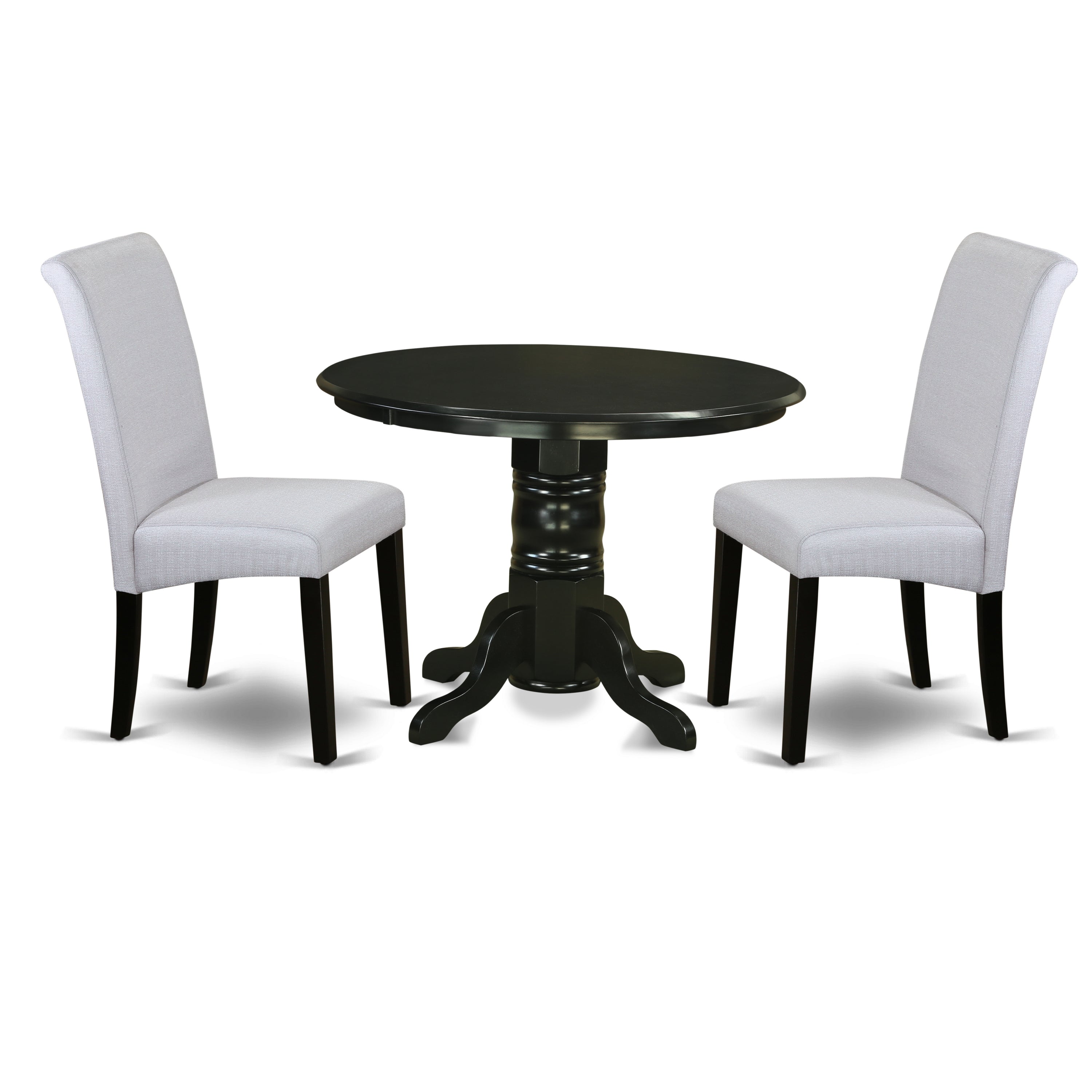 Juego de mesa y sillas de cocina de 3 piezas East West Furniture SHBA3-BLK-05. Incluye una mesa de comedor redonda con pedestal y 2 sillas de comedor Parson de tela de lino gris.