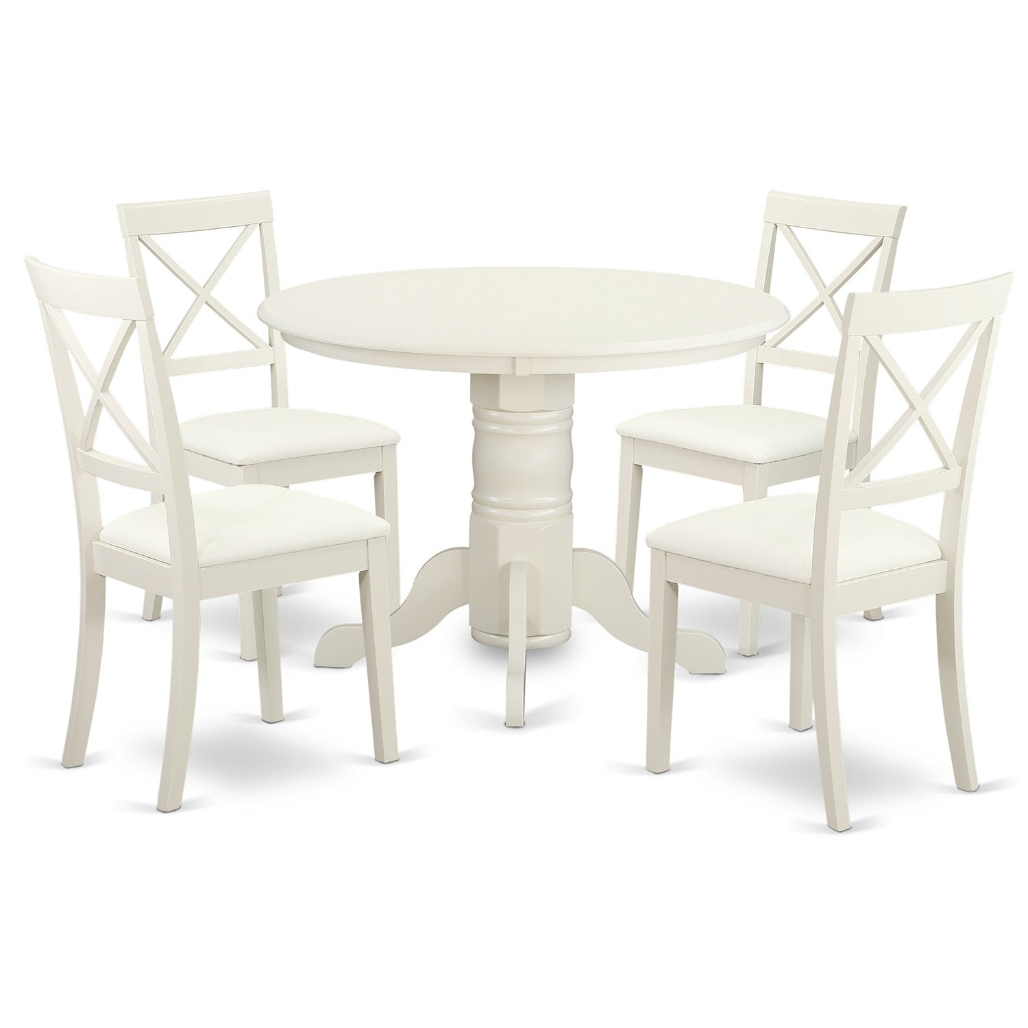 SHBO5-LWH-LC 5 Piece Sudbury Set-Round Dinette Table And 4 Chairs With Faux Leather Seat In Linen White Finish.