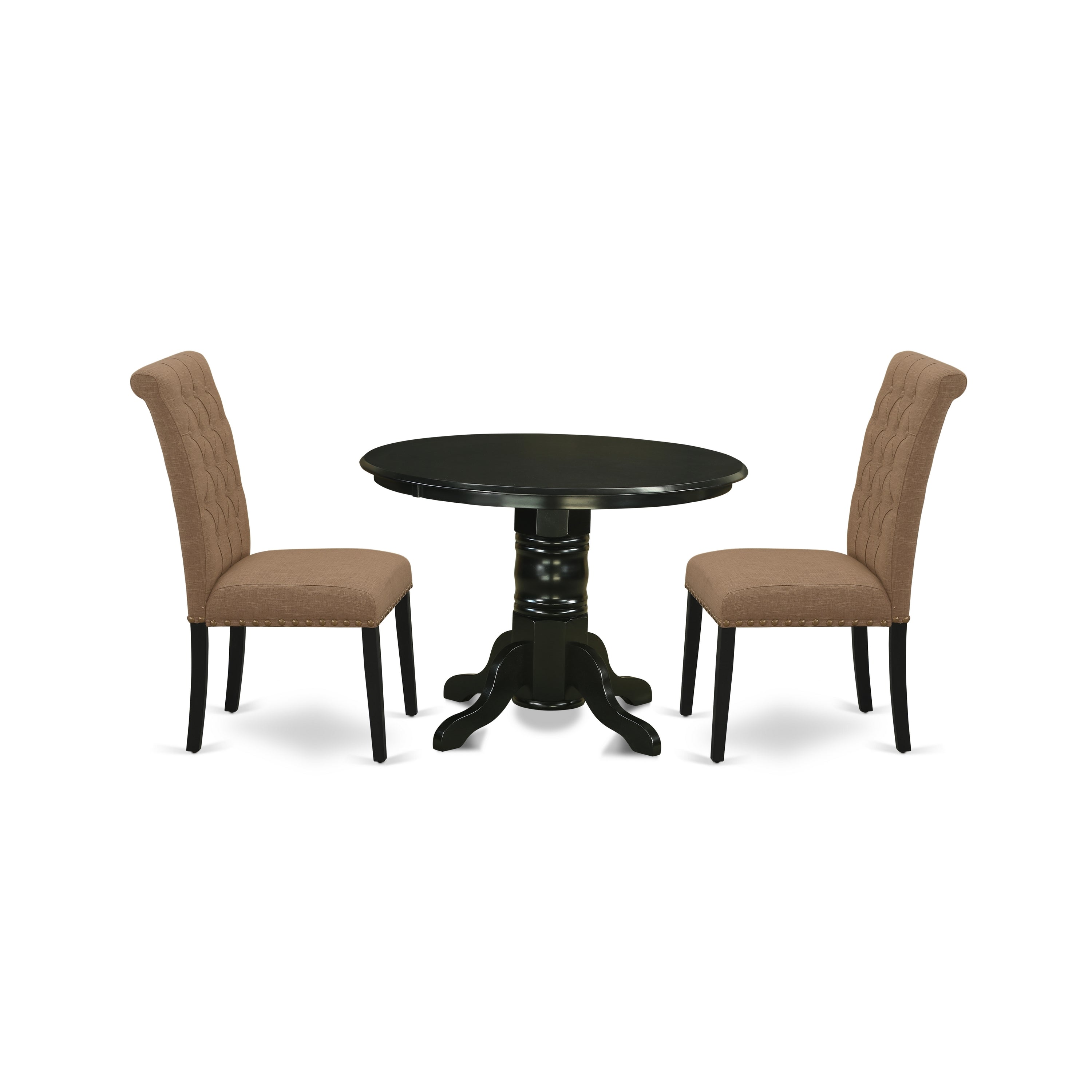 SHBR3-BLK-17 3Pc Dinette Set Includes a Round Dining Room Table and Two Parson Chairs with Light Sable Fabric, Black Finish