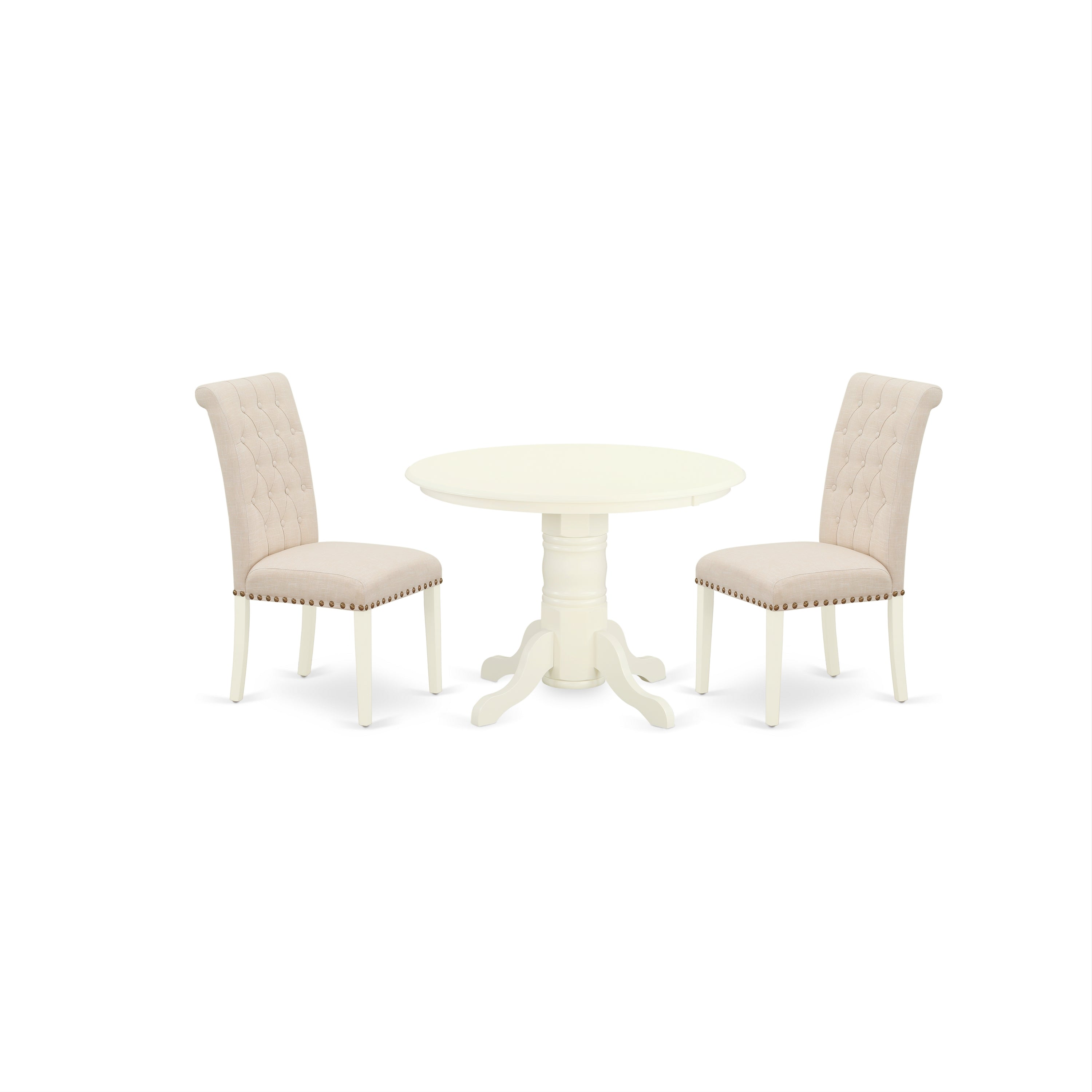 SHBR3-WHI-02 3Pc Dinette Set Includes a Round Dining Room Table and Two Parson Chairs with Light Beige Fabric, White Finish