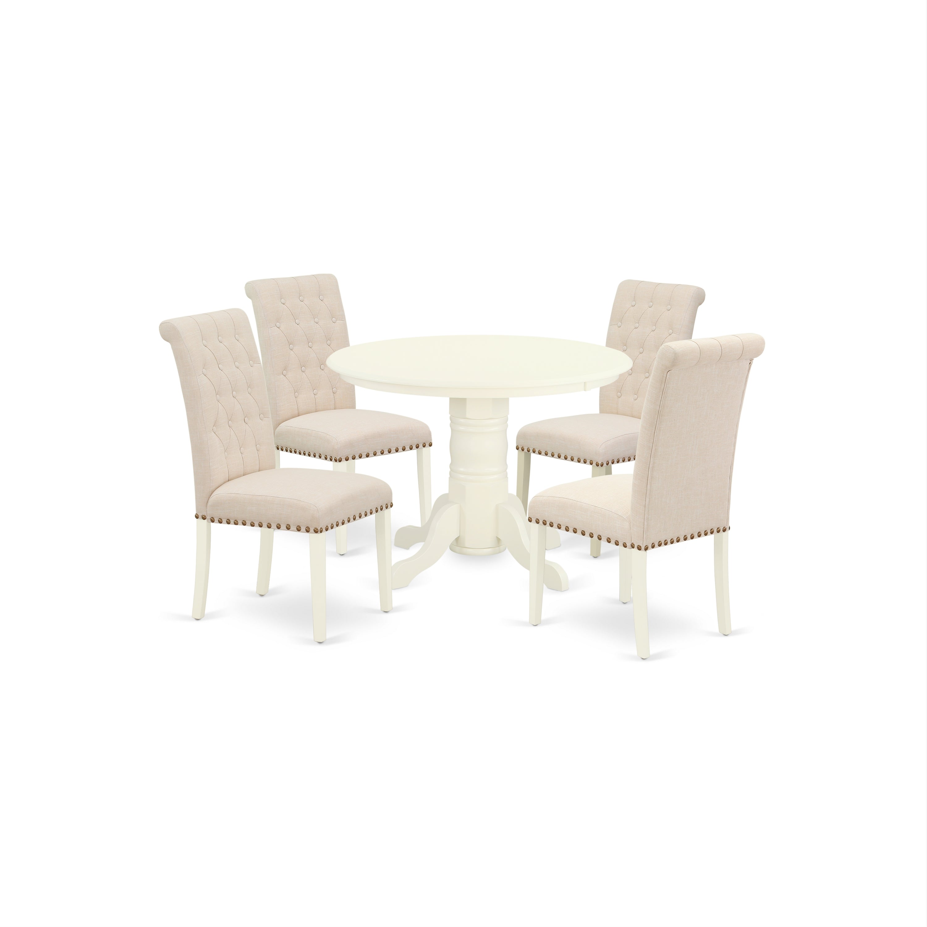 SHBR5-WHI-02 5Pc Dining Set Includes a Round Dining Room Table and Four Parson Chairs with Light Beige Fabric, White Finish