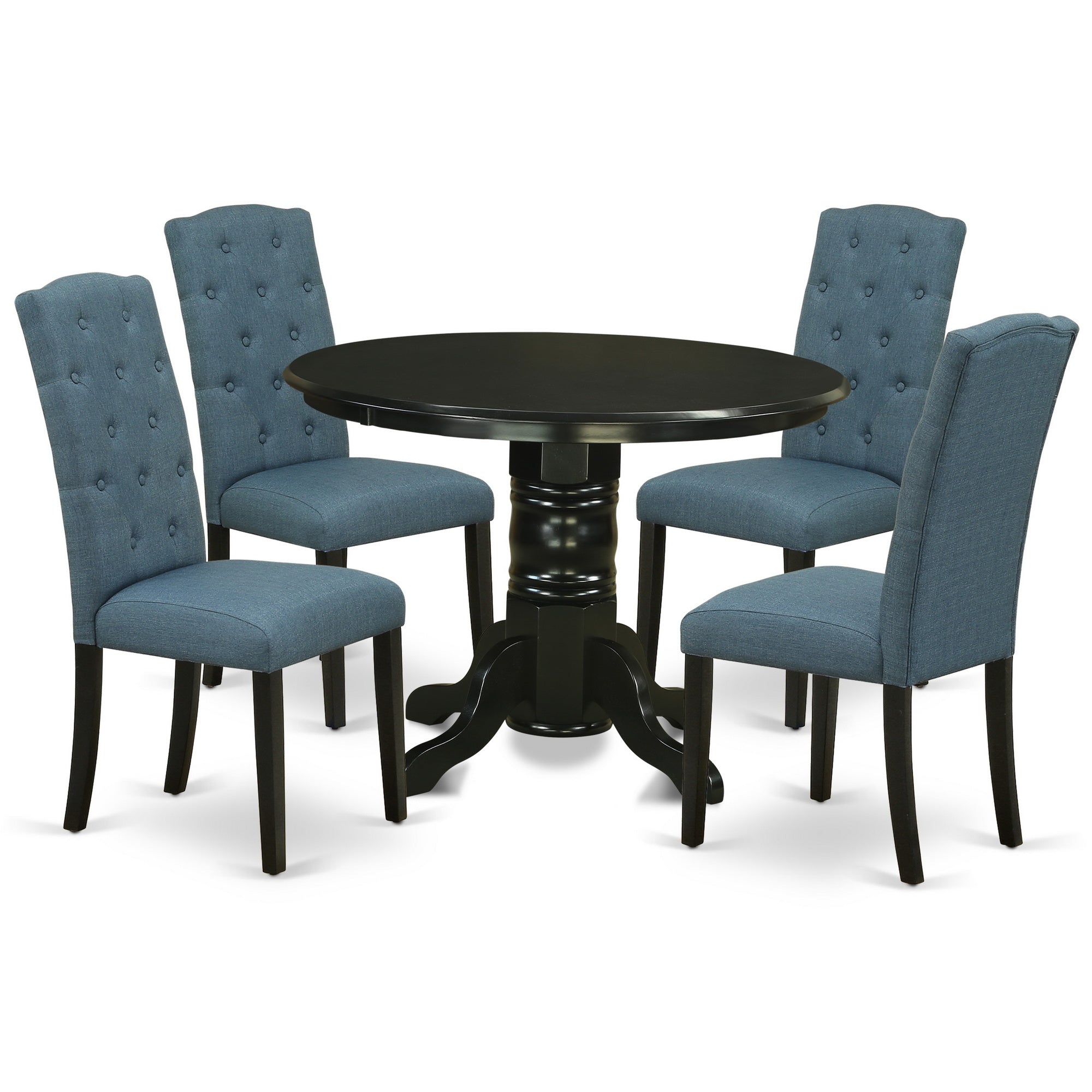 SHCE5-BLK-21 5Pc Dining Set Includes a Round Dining Room Table and Four Parson Chairs with Blue Fabric, Black Finish