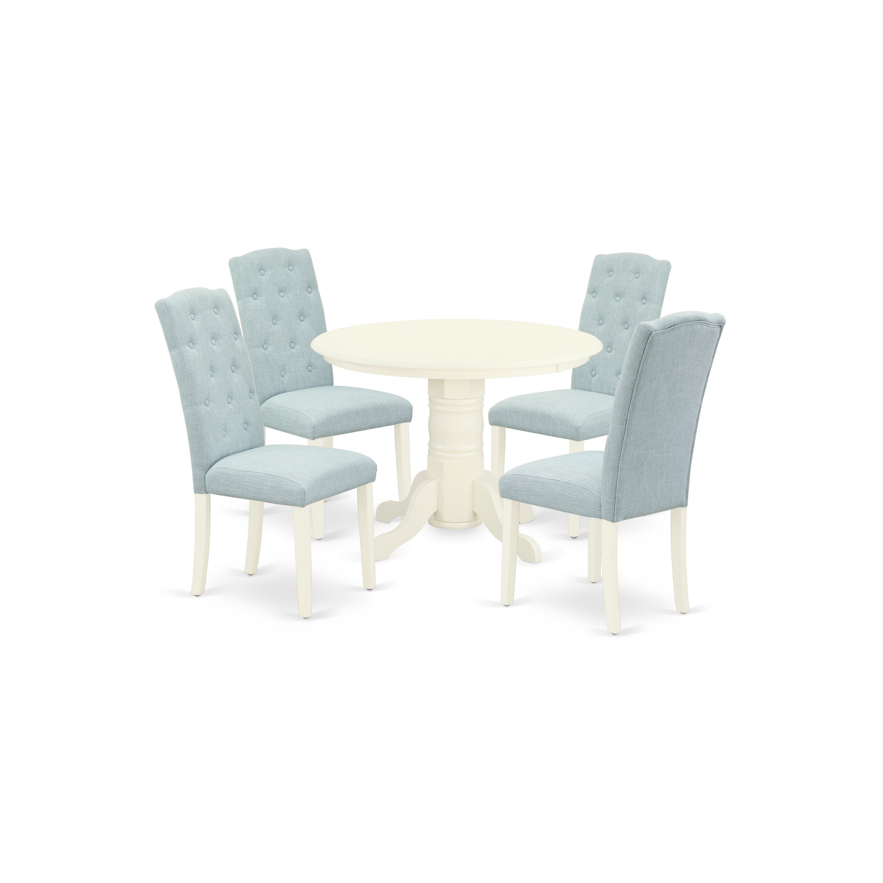 SHCE5-WHI-15 5Pc Dining Set Includes a Round Dining Room Table and Four Parson Chairs with Baby Blue Fabric, White Finish