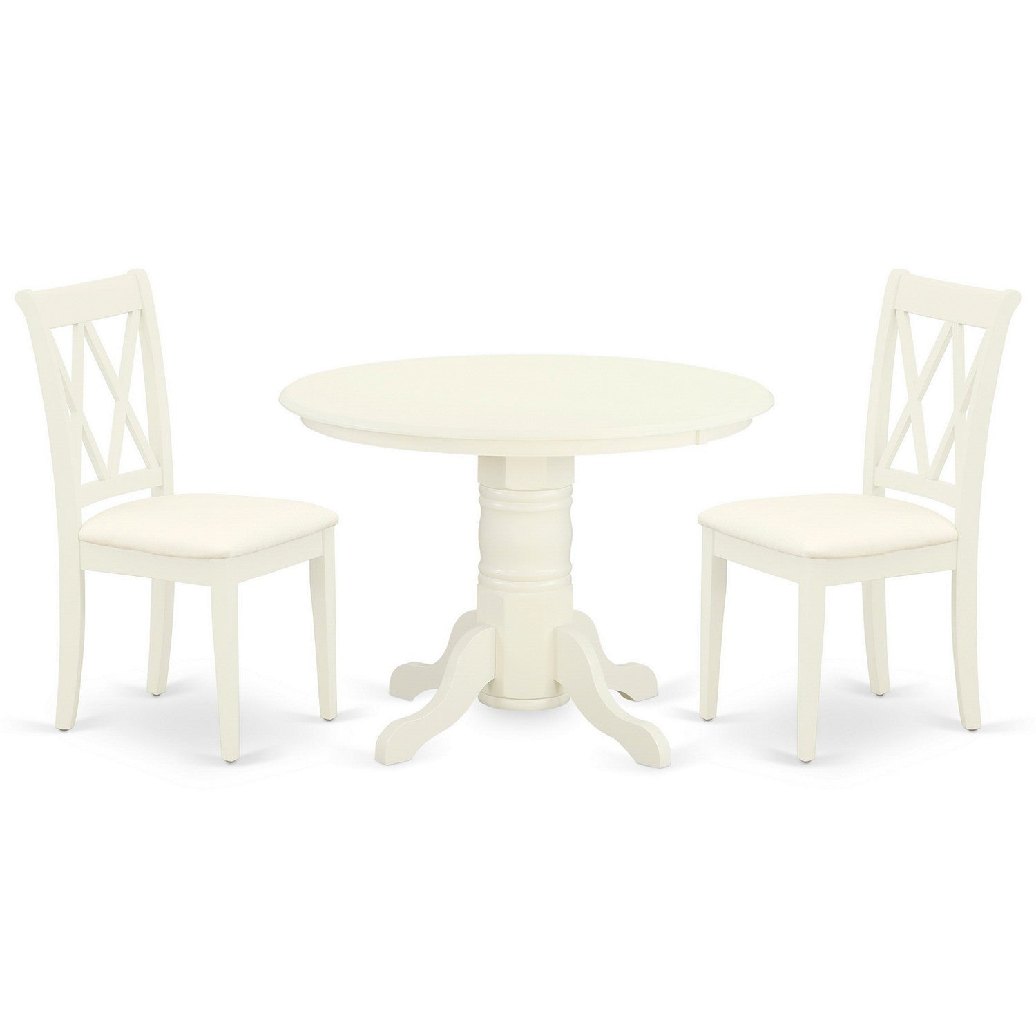 Juego de muebles de comedor de 3 piezas East West Furniture SHCL3-WHI-C. Contiene una mesa de cocina redonda con pedestal y 2 sillas de comedor tapizadas en tela de lino.
