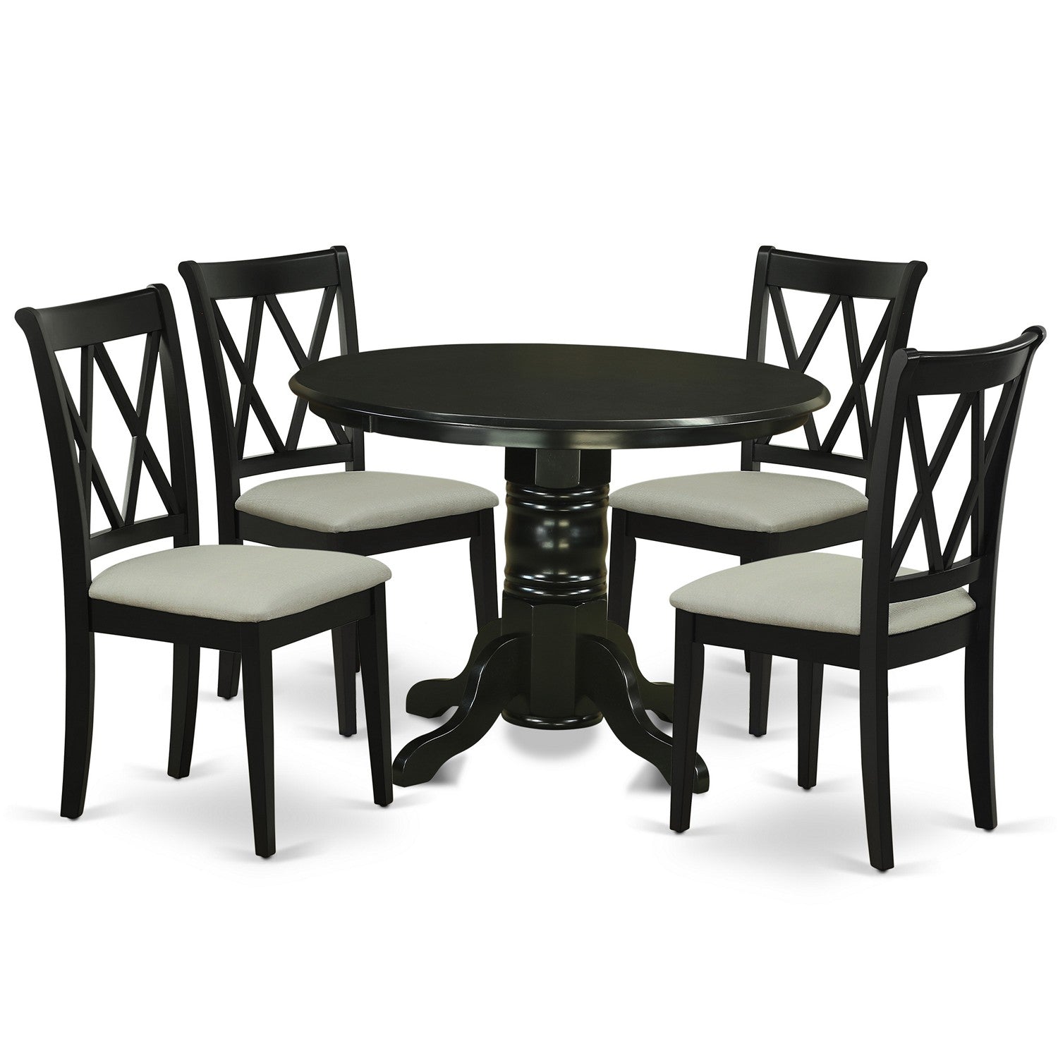 SHCL5-BLK-C 5Pc Dining Set Includes a Round Dining Room Table and Four Double X Back Linen Seat Kitchen Chairs, Black Finish