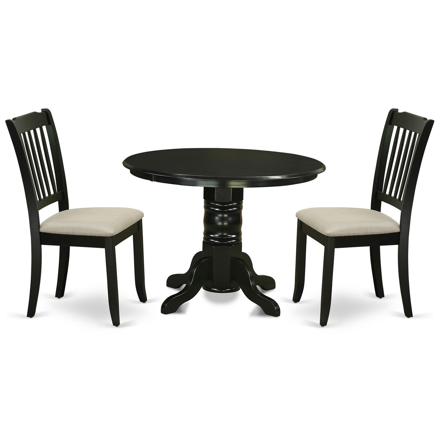Juego de mesa de comedor de 3 piezas East West Furniture SHDA3-BLK-C para espacios pequeños. Incluye una mesa de cocina redonda con pedestal y 2 sillas de comedor de cocina de tela de lino.