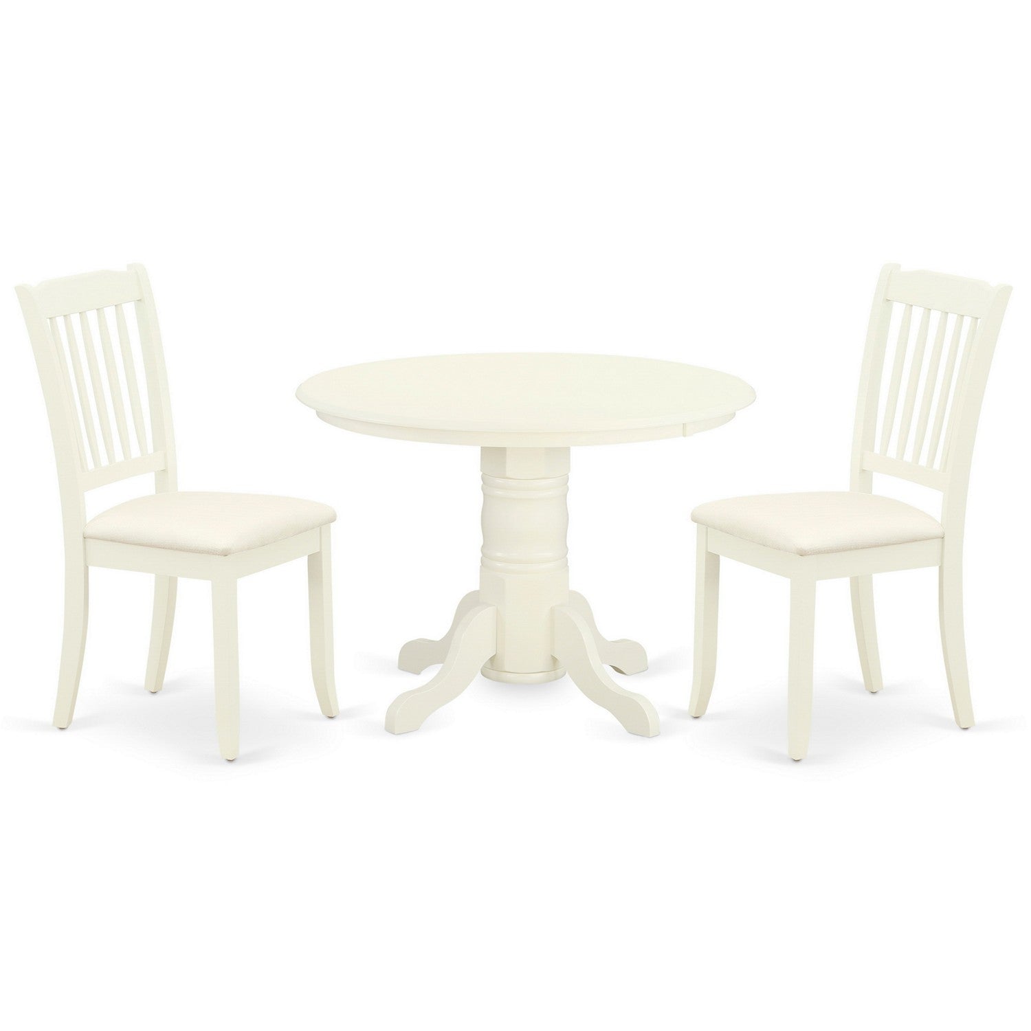 SHDA3-WHI-C 3Pc Dinette Set Includes a Round Dining Room Table and Two Vertical Slatted Linen Seat Dining Chairs, White Finish