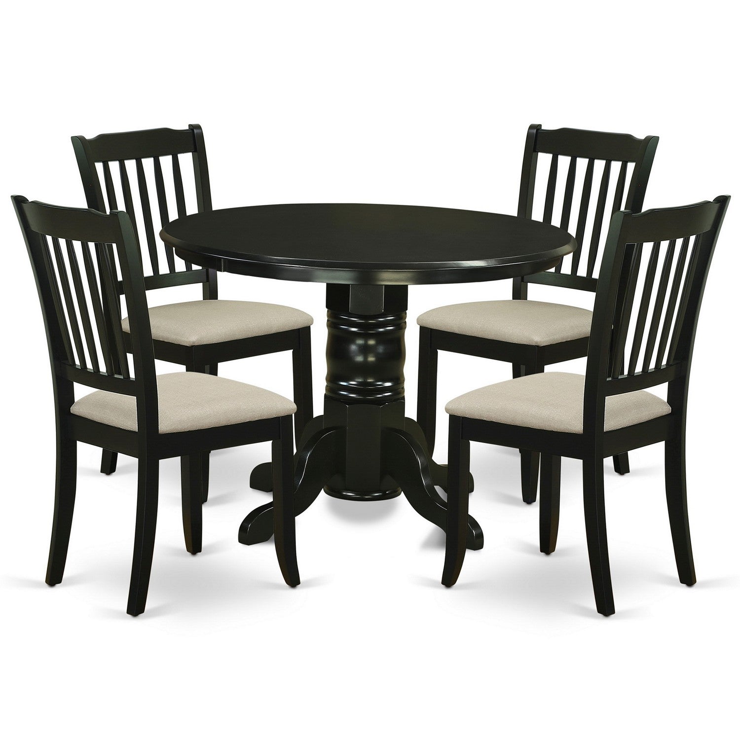 Juego de comedor de 5 piezas East West Furniture SHDA5-BLK-C para 4 personas. Incluye una mesa de cocina redonda con pedestal y 4 sillas de comedor de cocina de tela de lino.