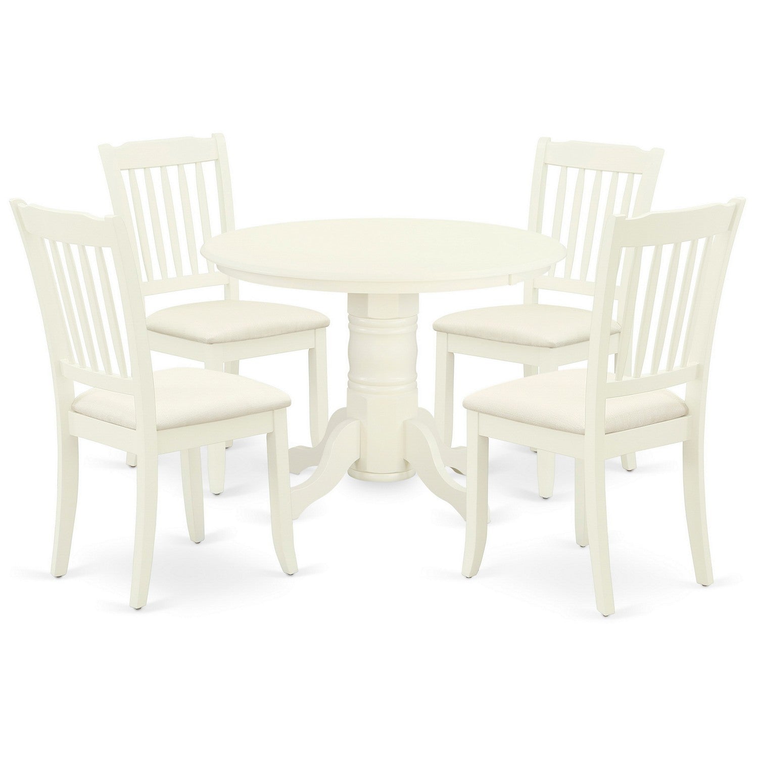 SHDA5-WHI-C 5Pc Dining Set Includes a Round Dining Room Table and Four Vertical Slatted Linen Seat Kitchen Chairs, White Finish