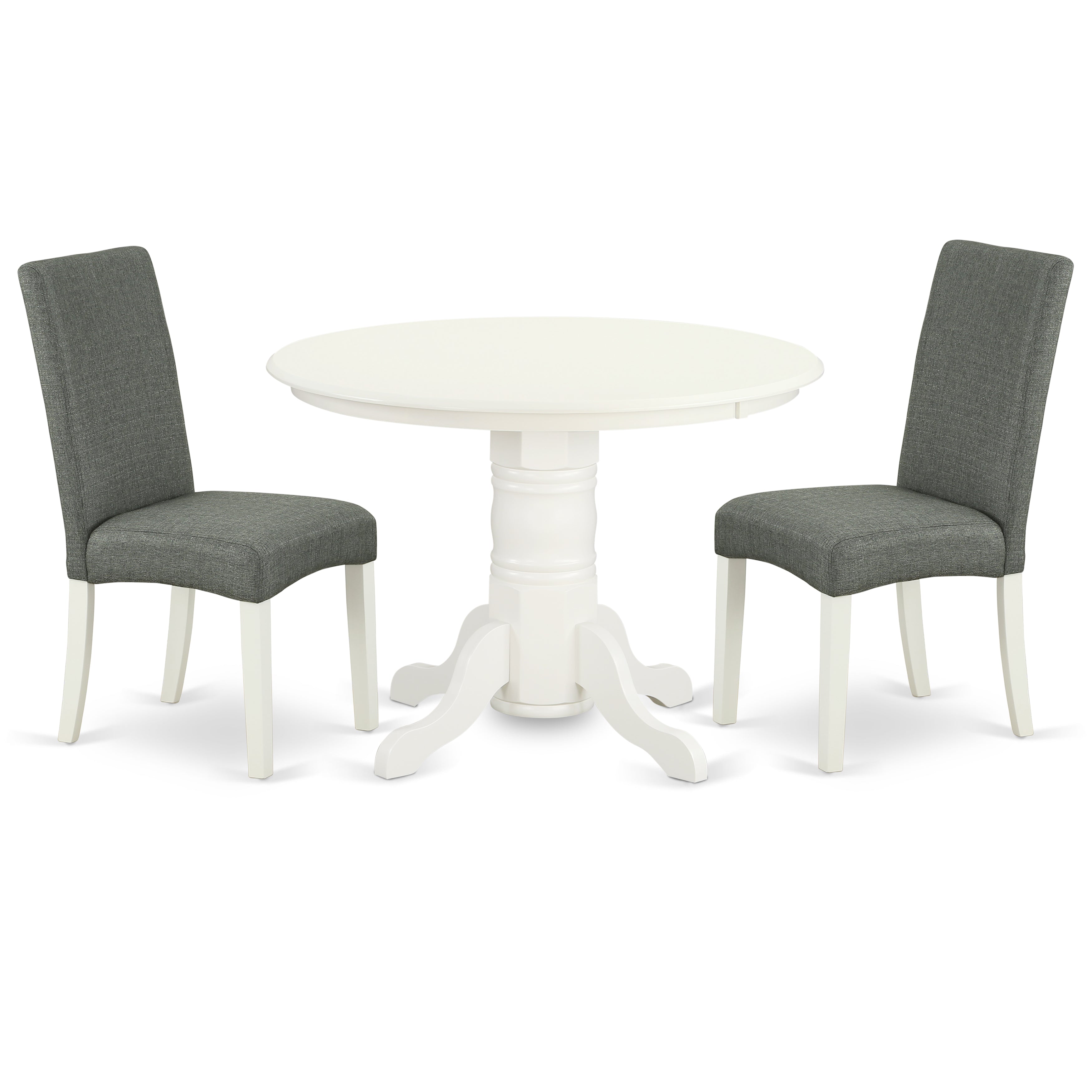 SHDR3-LWH-07 3Pc Round 42 Inch Dining Room Table And A Pair Of Parson Chair With Linen White Finish Leg And Linen Fabric- Gray Color