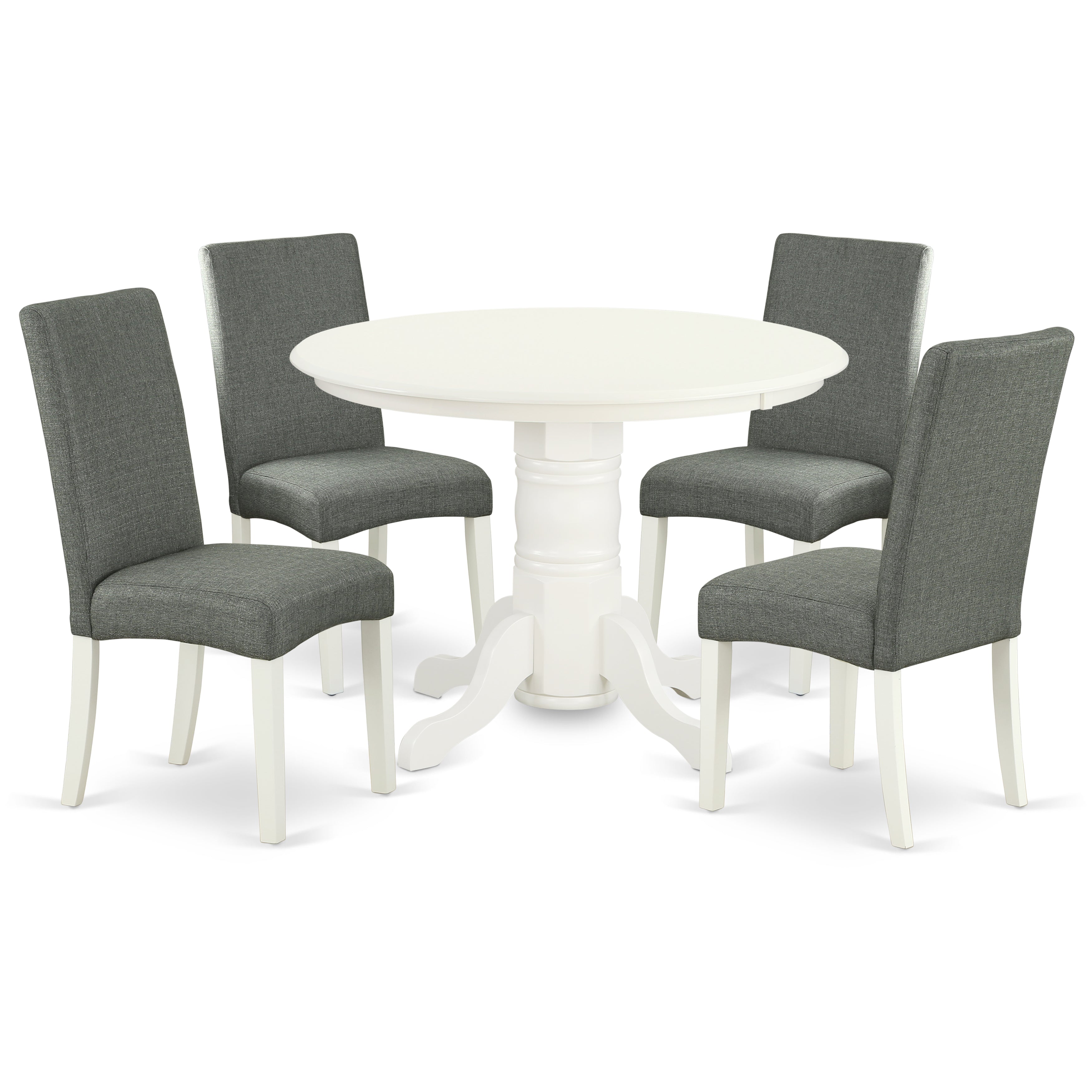 SHDR5-LWH-07 5Pc Rounded 42 Inch Dining Table And Four Parson Chair With Linen White Finish Leg And Linen Fabric- Gray Color