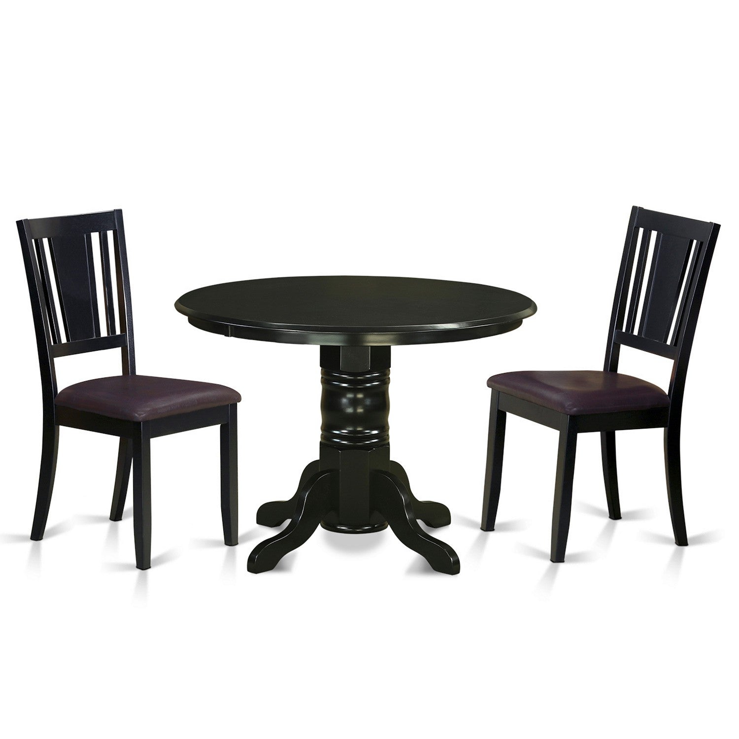 Juego de comedor de 3 piezas East West Furniture SHDU3-BLK-LC. Incluye una mesa de cocina redonda con pedestal y 2 sillas de comedor de piel sintética.