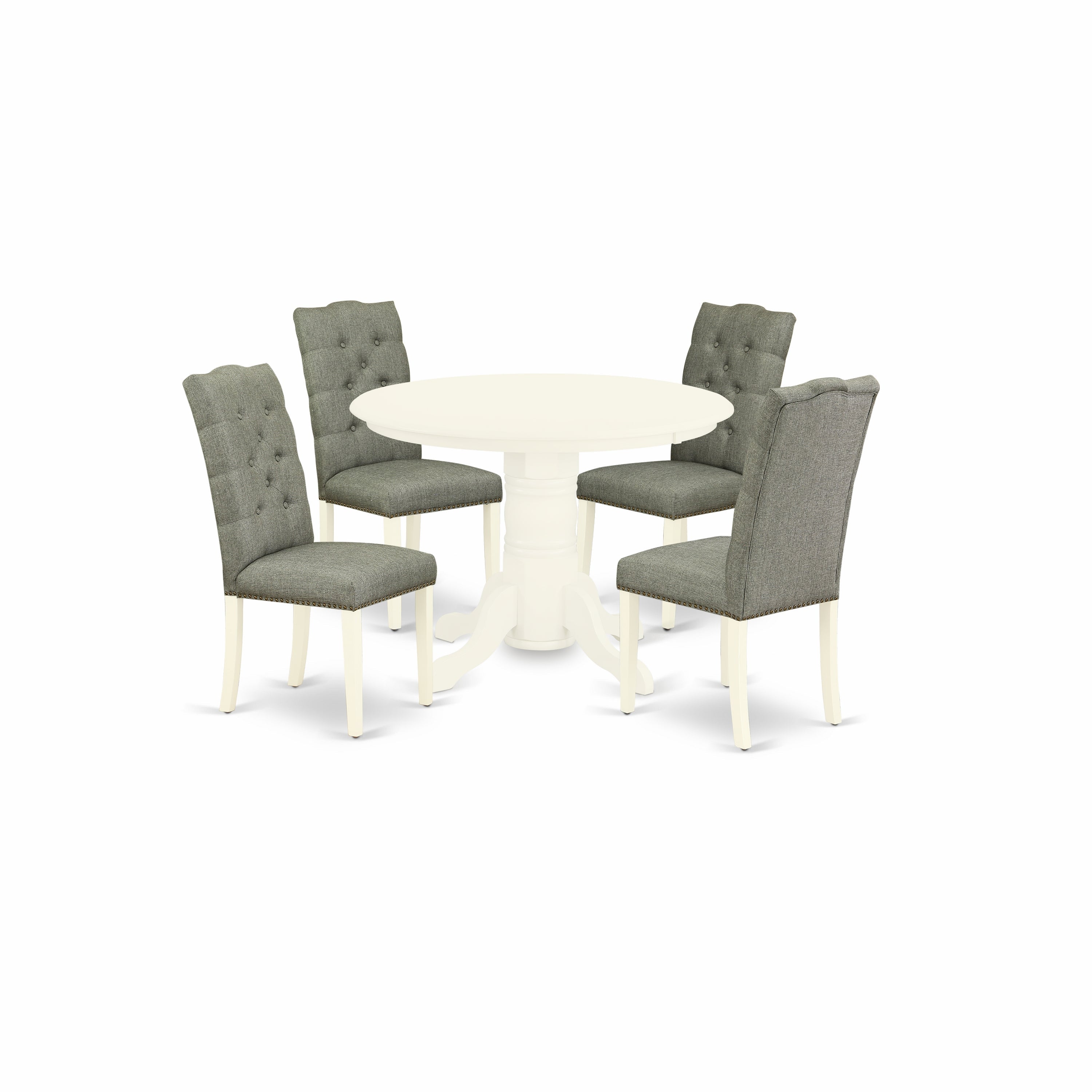 East West Furniture SHEL5-WHI-07 5-Piece dining table set- 4 parson chairs and dining room table solid wood frame - High back Button tufted & Linen White Finish