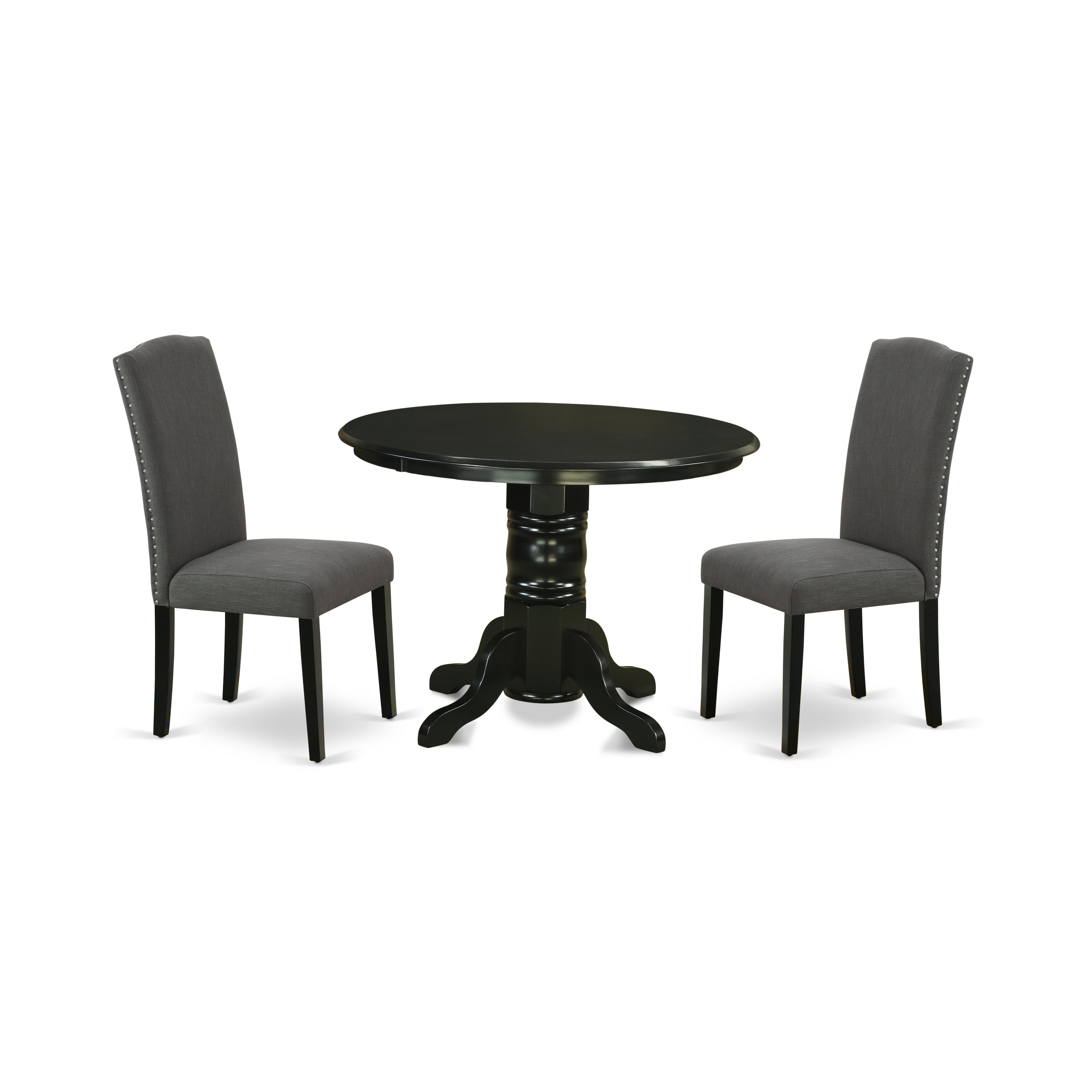 Juego de comedor de 3 piezas East West Furniture SHEN3-BLK-20 que incluye una mesa de comedor redonda con pedestal y dos sillas tapizadas en tela de lino Gotham oscuro.