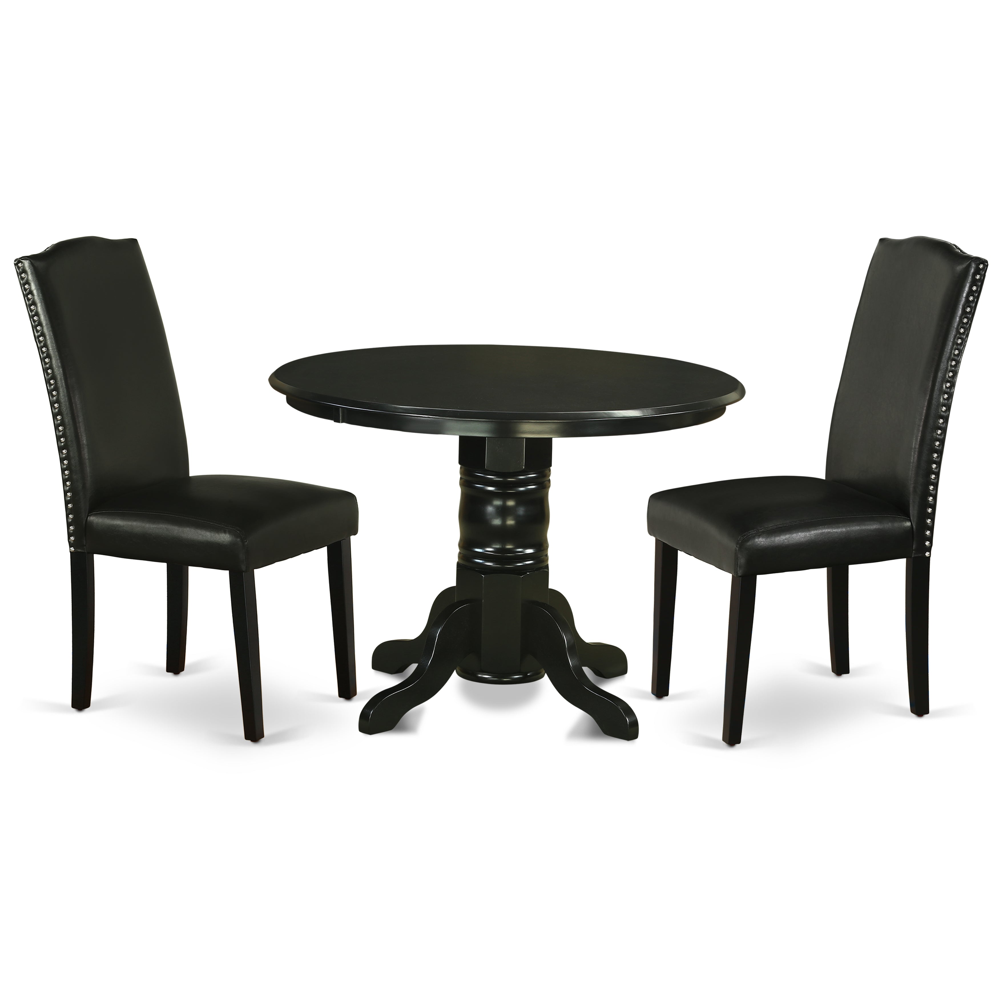 SHEN3-BLK-69 3Pc Round 42" Dinette Table And A Pair Of Parson Chair With Black Leg And Pu Leather Color Black