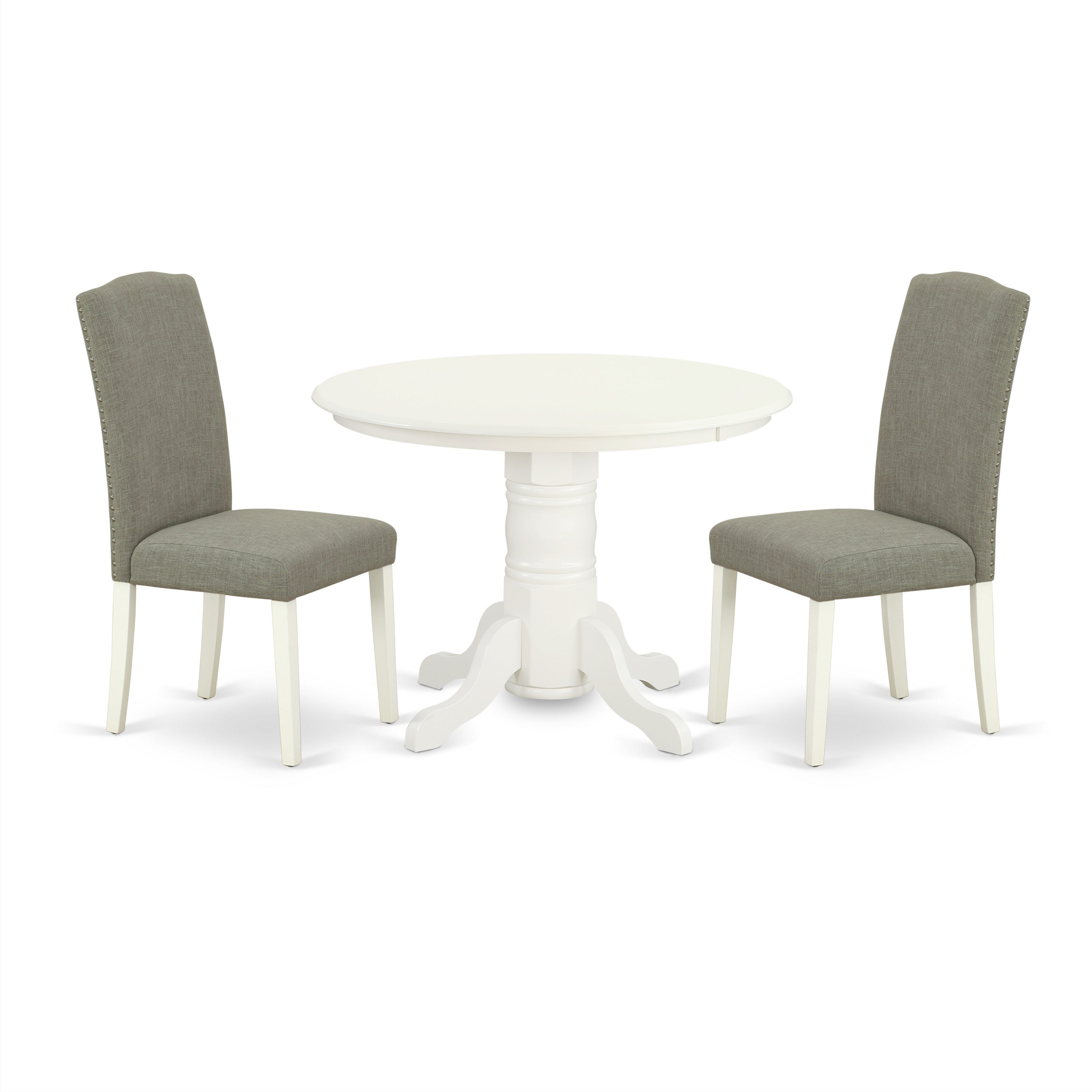 SHEN3-LWH-06 3Pc Round 42" Dinette Table And A Pair Of Parson Chair With Linen White Leg And Linen Fabric Dark Shitake