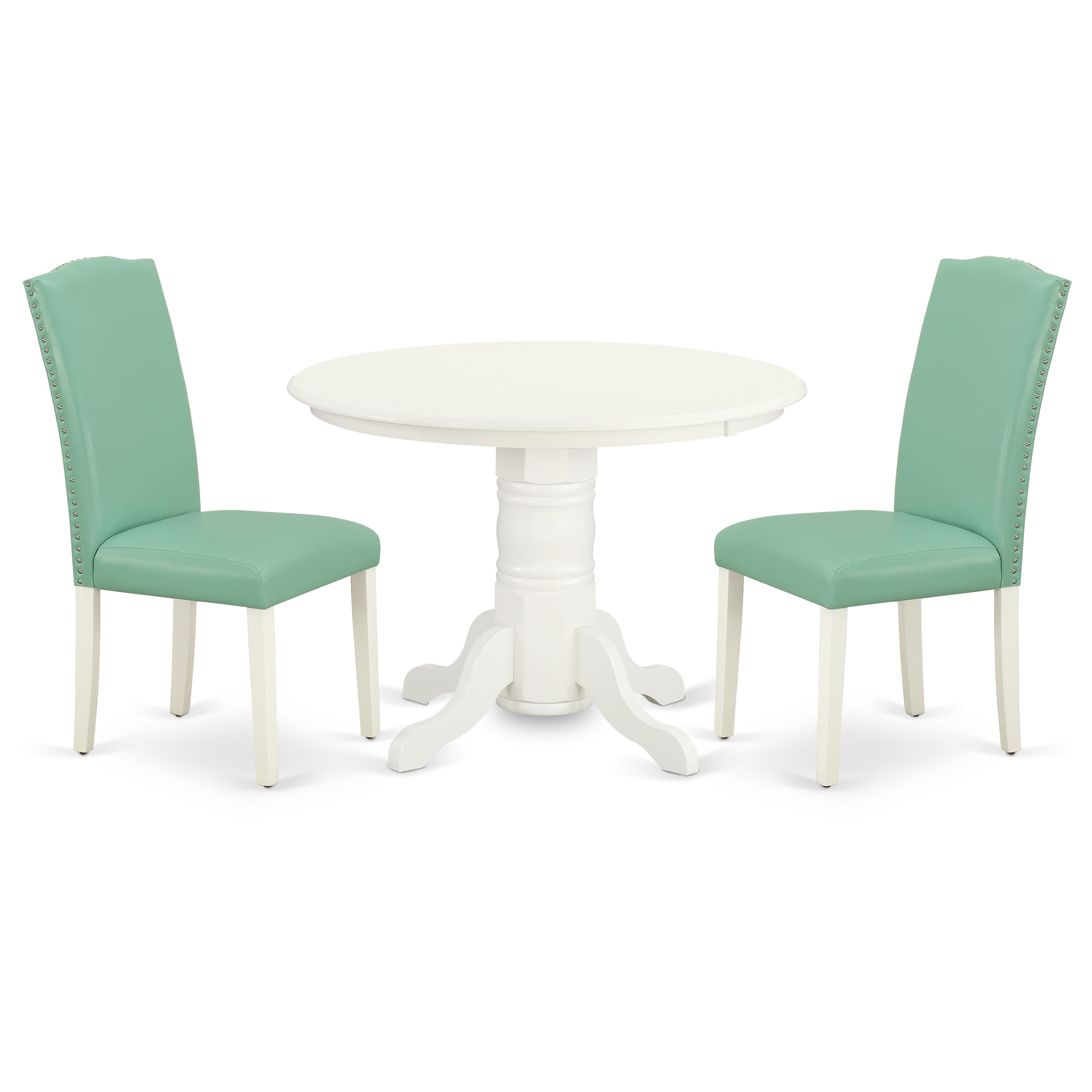 SHEN3-LWH-57 3Pc Round 42" Dinette Table And A Pair Of Parson Chair With Linen White Leg And Pu Leather Color Pond