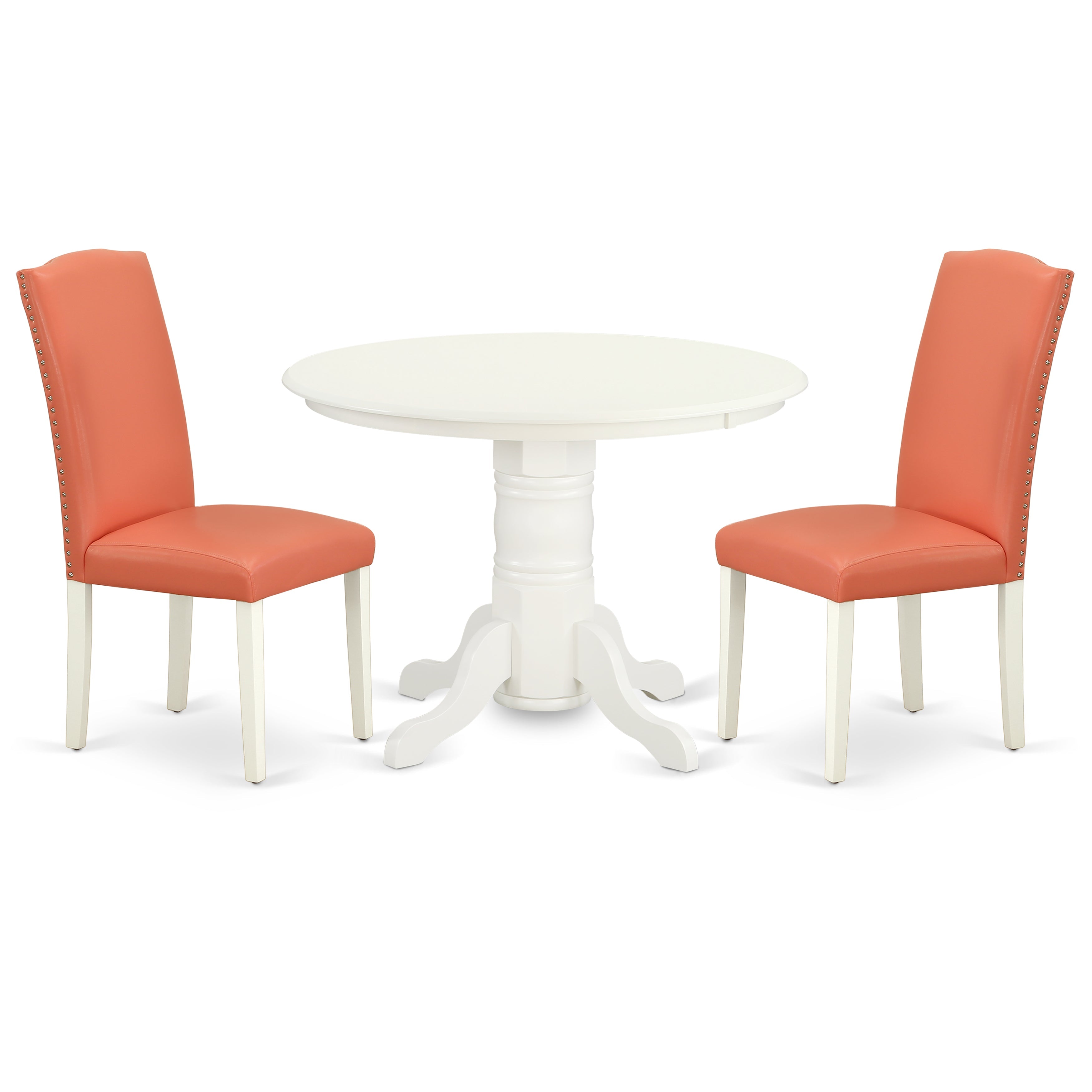 SHEN3-LWH-78 3Pc Round 42" Dinette Table And A Pair Of Parson Chair With Linen White Leg And Pu Leather Color Pink Flamingo