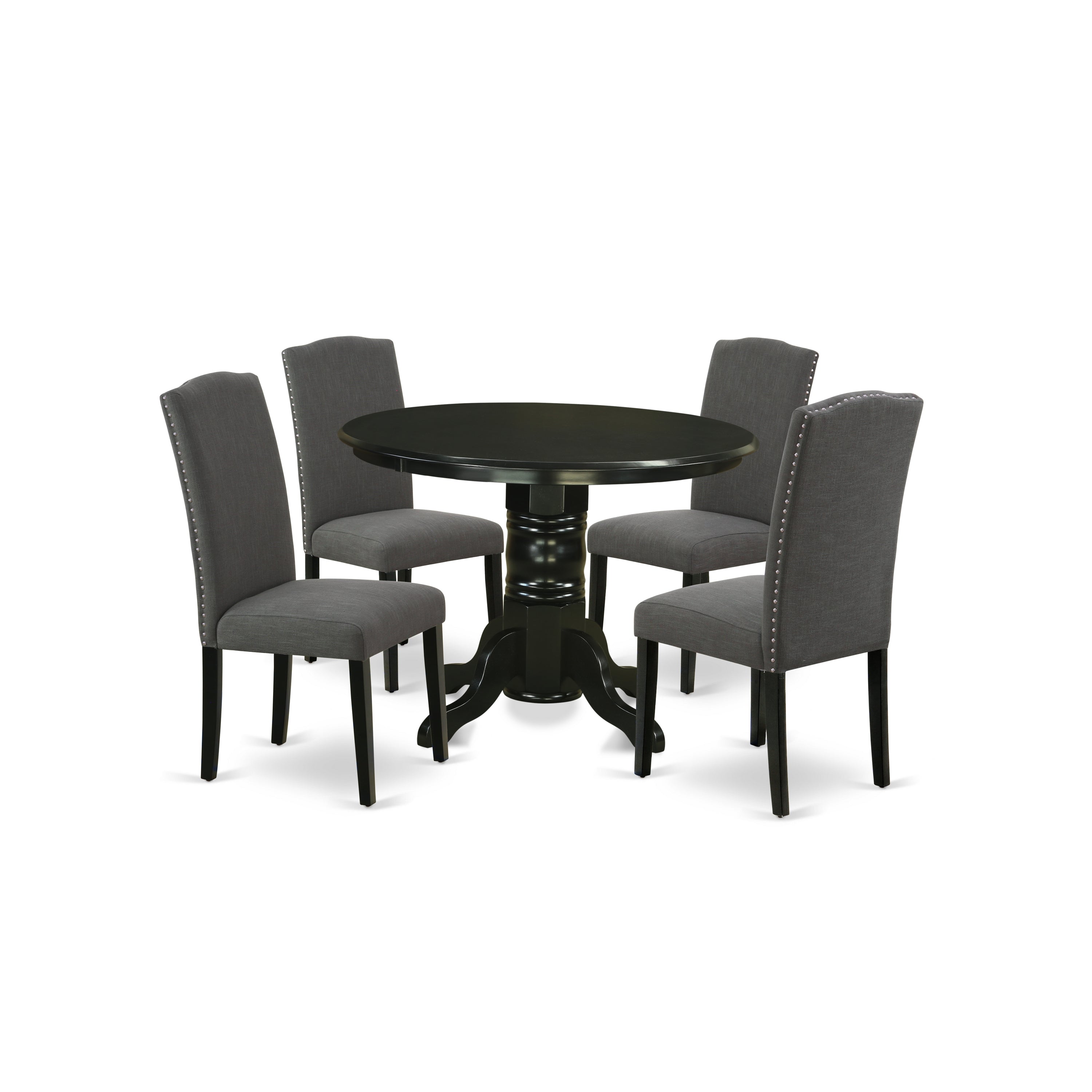 SHEN5-BLK-20 5Pc Rounded 42 Inch Dining Table And Four Parson Chair With Black Leg And Linen Fabric Dark Gotham Grey