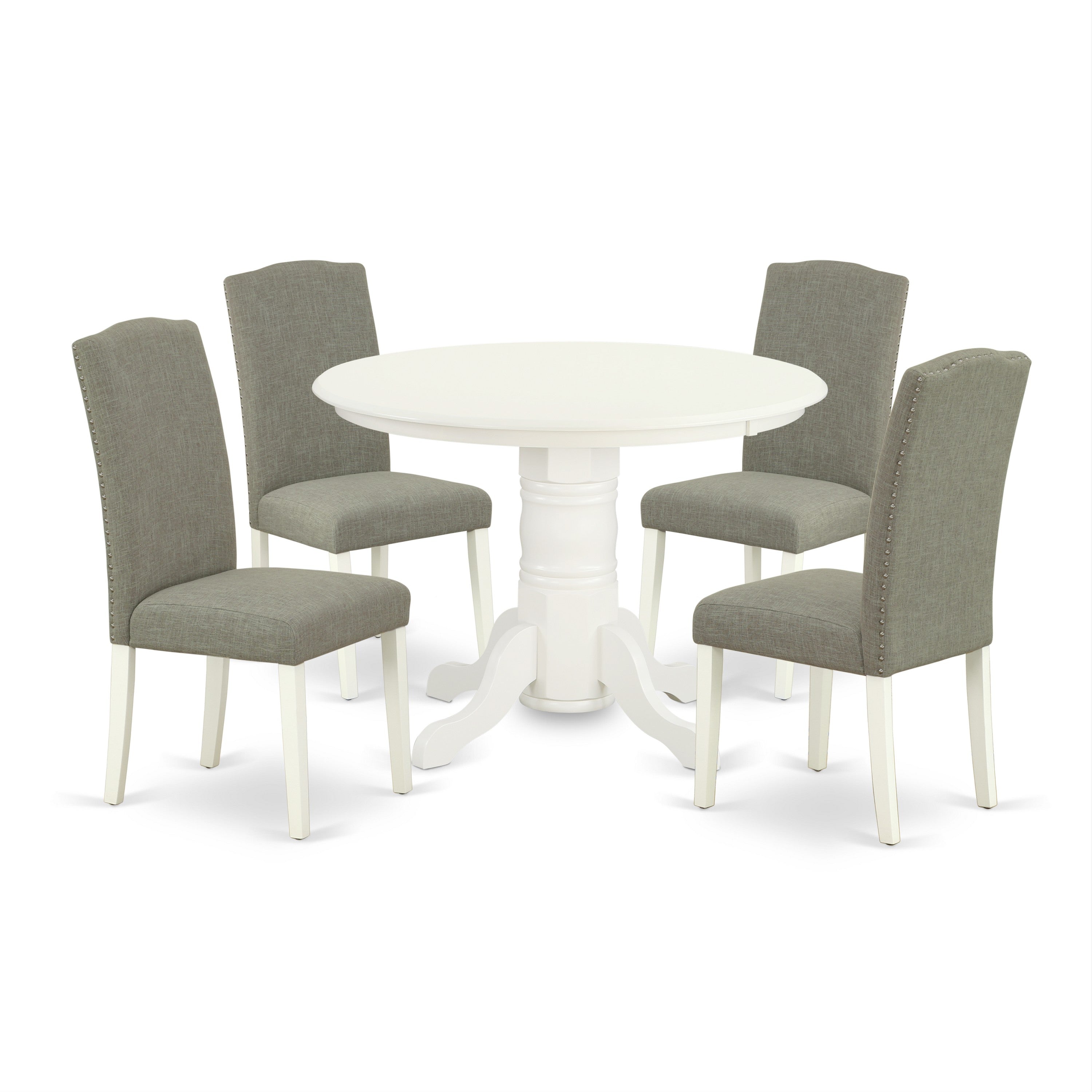 SHEN5-LWH-06 5Pc Rounded 42 Inch Dining Table And Four Parson Chair With Linen White Leg And Linen Fabric Dark Shitake