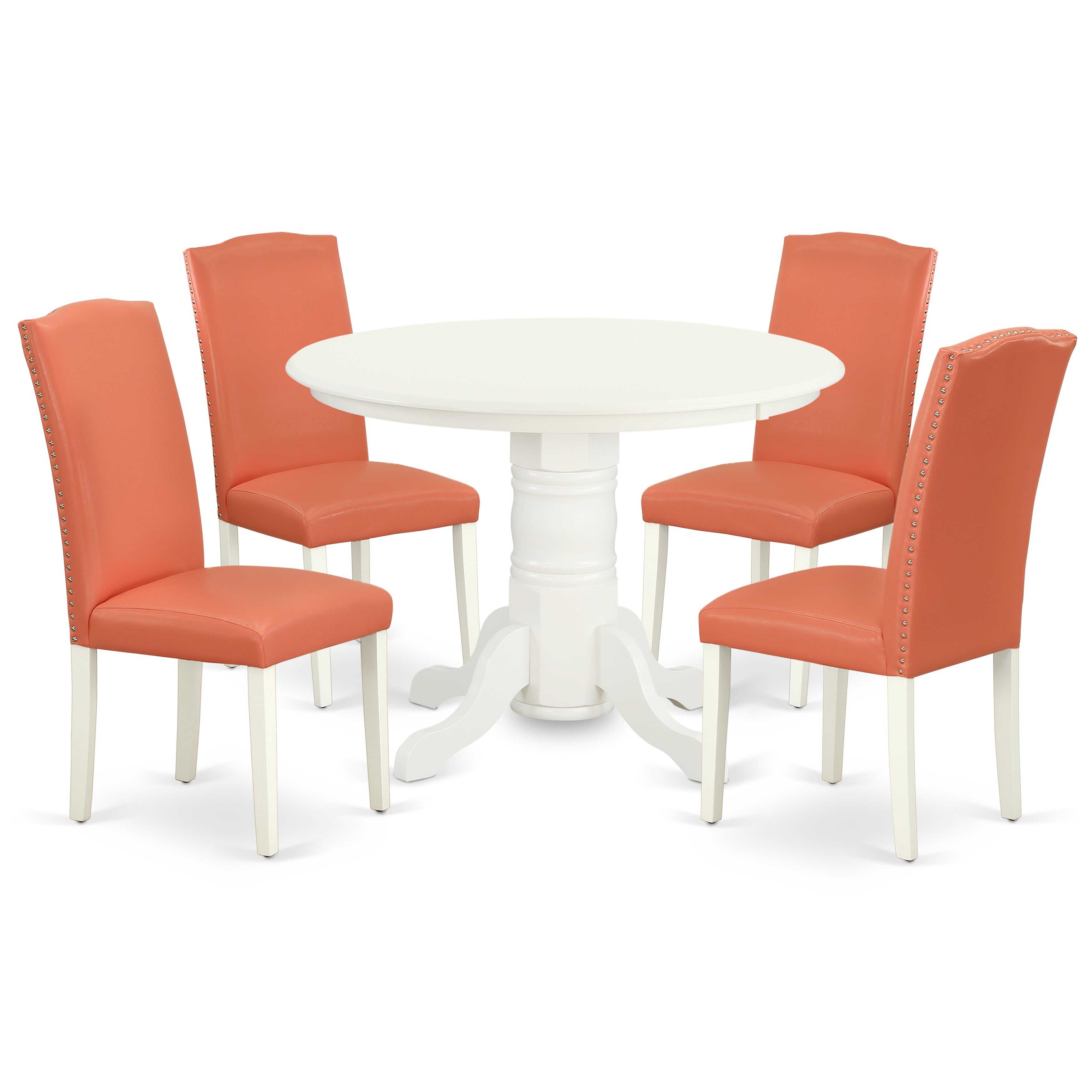 SHEN5-LWH-78 5Pc Rounded 42 Inch Dining Table And Four Parson Chair With Linen White Leg And Pu Leather Color Pink Flamingo
