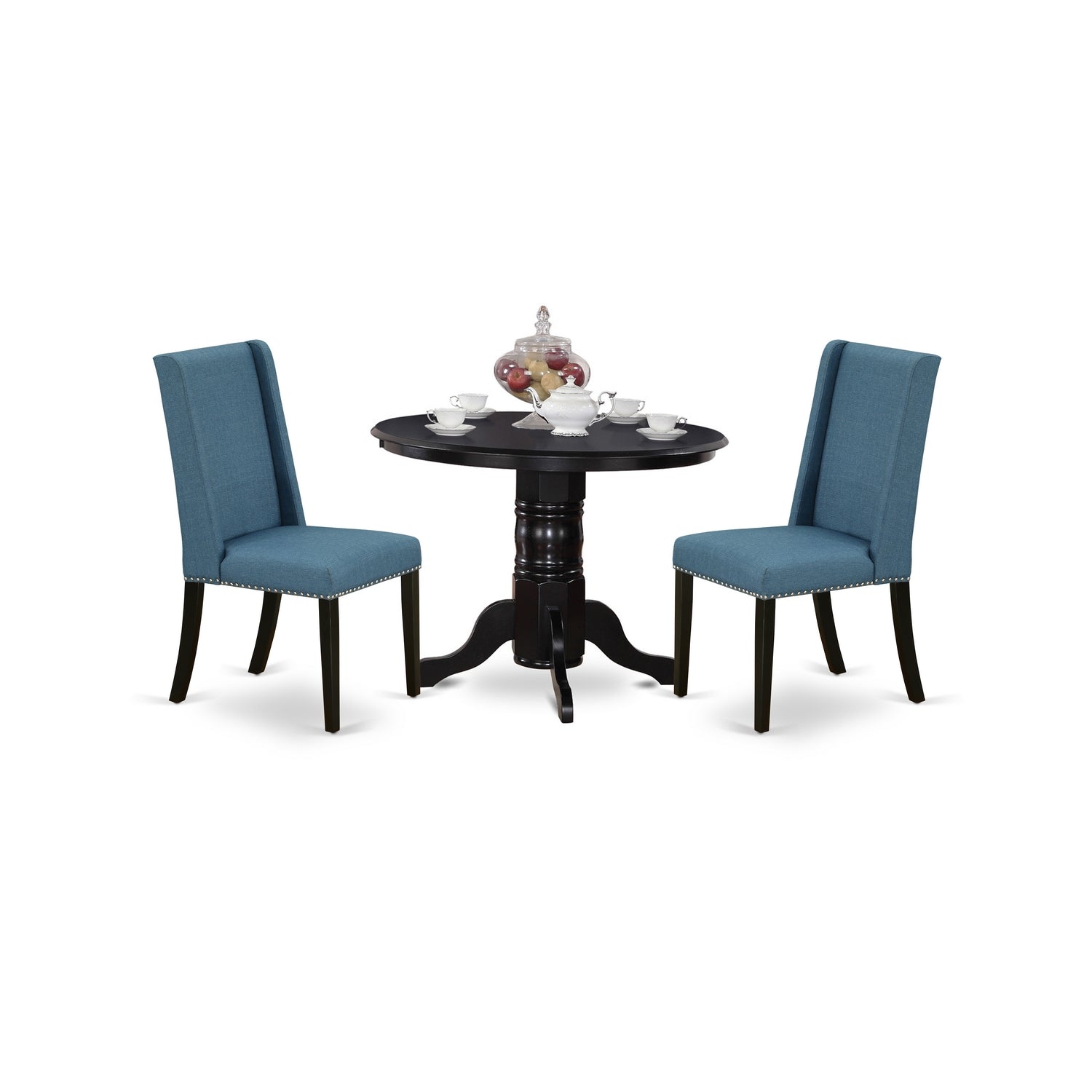 East West Furniture SHFL3-BLK-21 3-Piece Kitchen Table Set Included a Round Dining Room Table & 2 Dining Chairs, Mineral Blue Linen Fabric Parson Dining Chairs Seat With Rubber Wood Legs, Black Finish