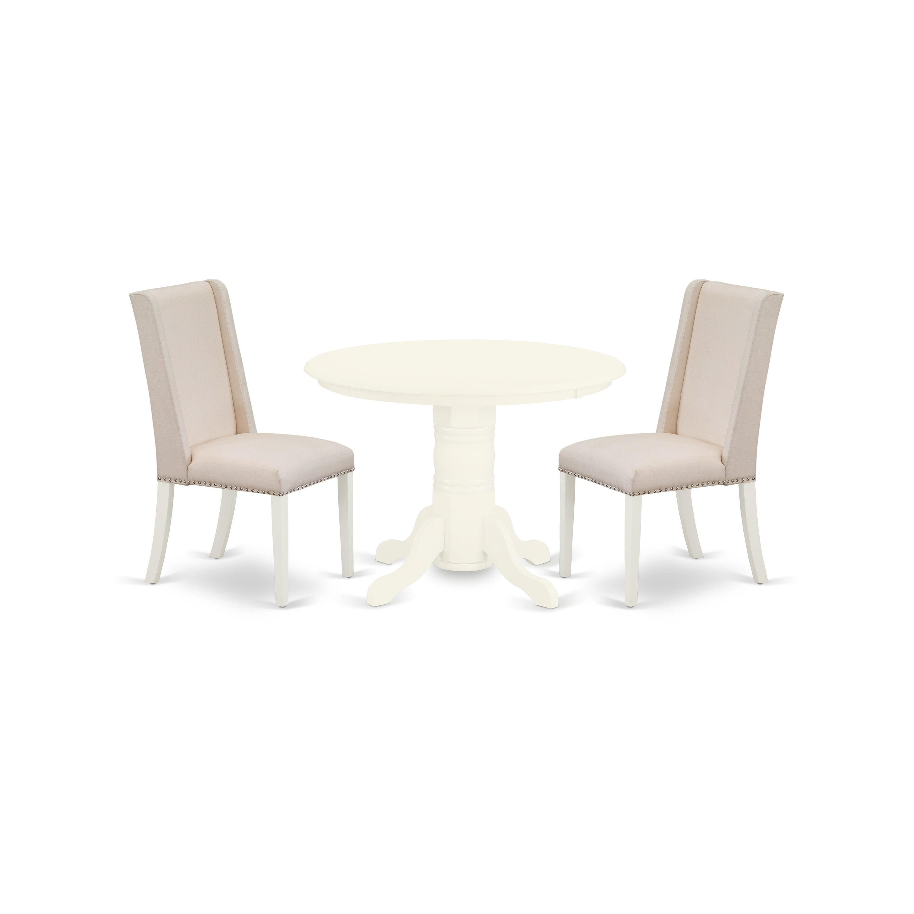 East West Furniture SHFL3-WHI-01 3-Pc Dining Table Set Included a Round Dining Table & 2 Upholstered Dining Chairs, Cream Linen Fabric Upholstered Dining Chairs Seat with Rubber Wood Legs, Linen White Finish