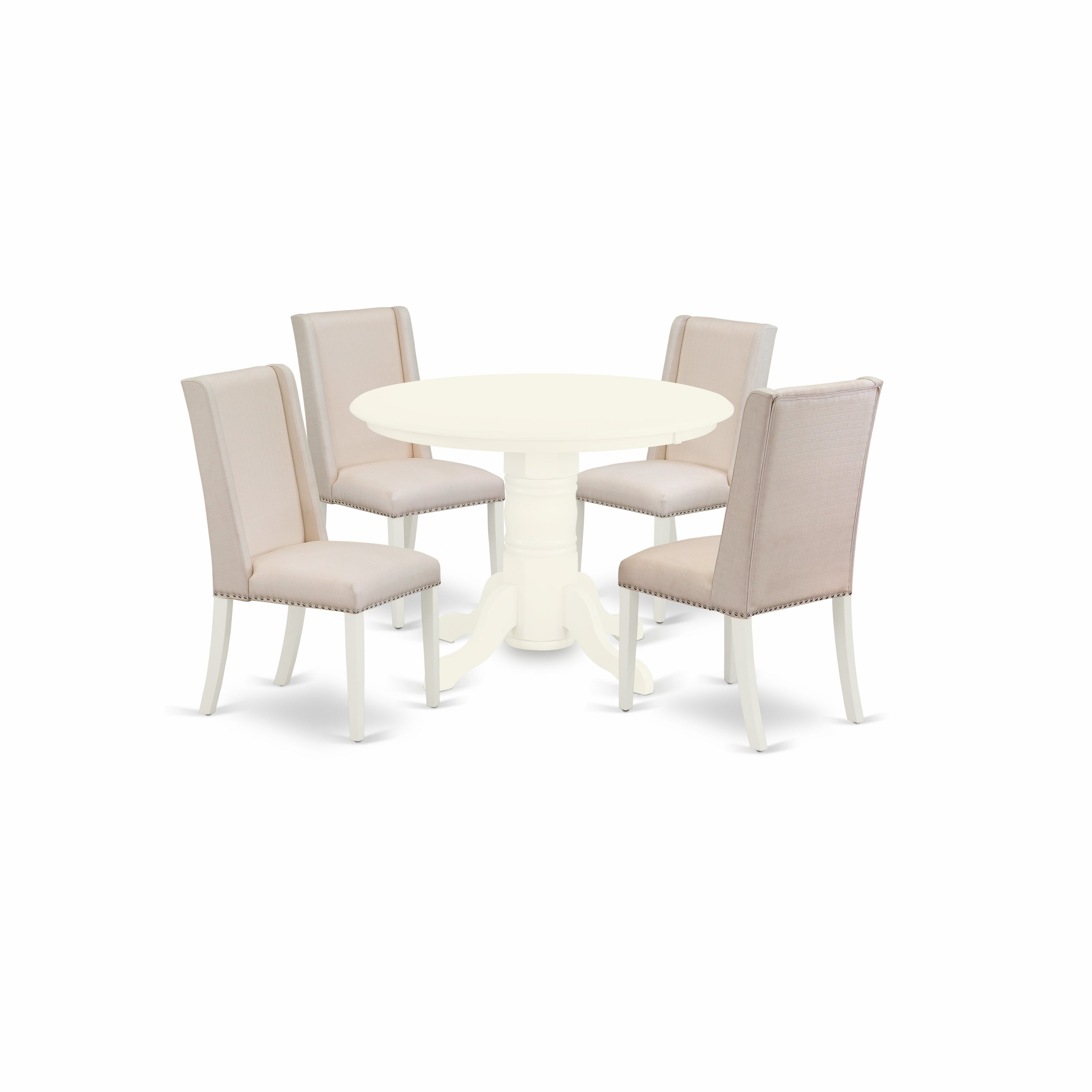 East West Furniture SHFL5-WHI-01 5-Piece dining table set- 4 parson chairs and dining room table solid wood frame - High stylish back & Linen White Finish