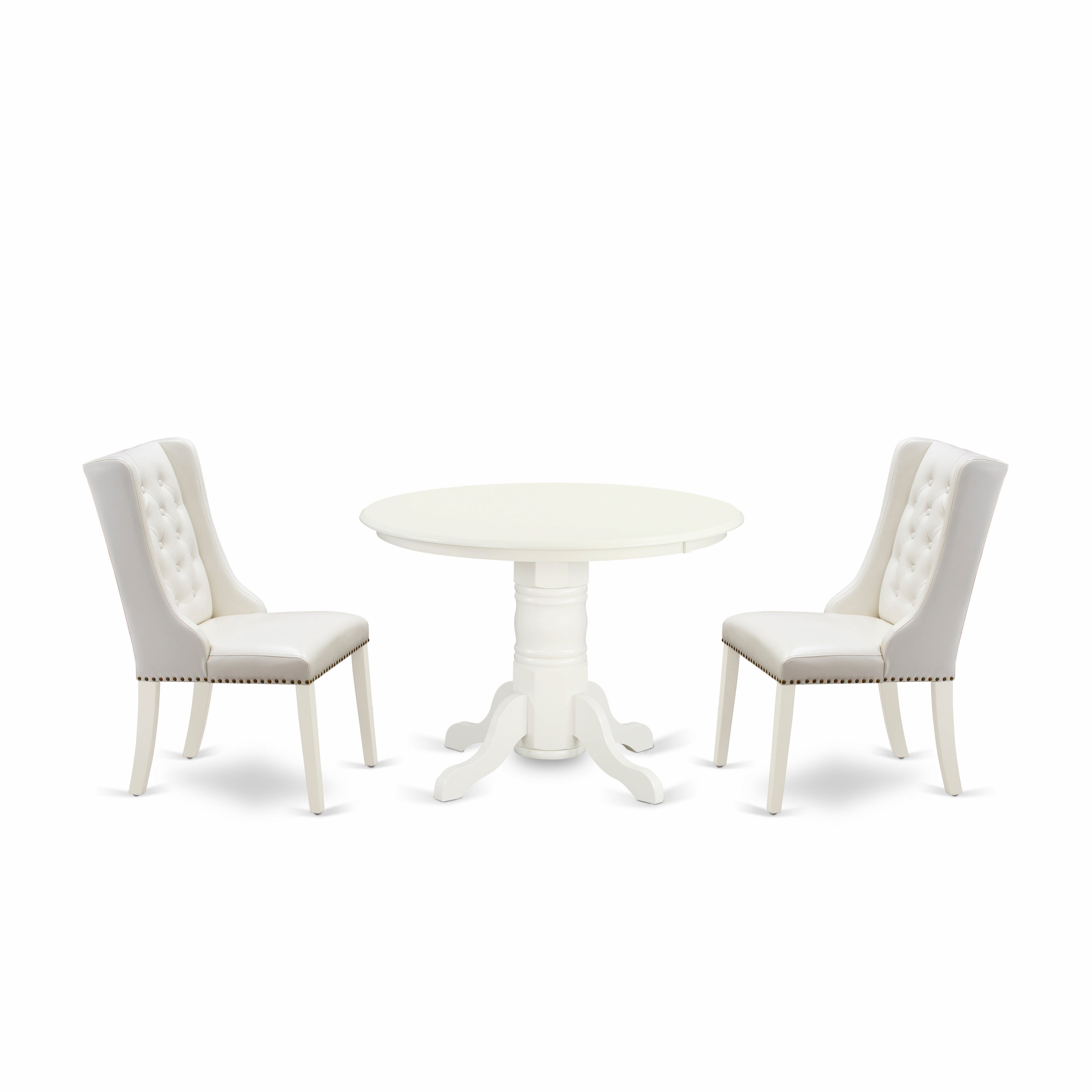 East West Furniture SHFO3-WHI-44 3-Pc Kitchen Room Table Set Includes 1 Pedestal Dining Table and 2 Linen white PU faux Leather Mid Century Dining Chairs with Button Tufted Back - linen white Finish