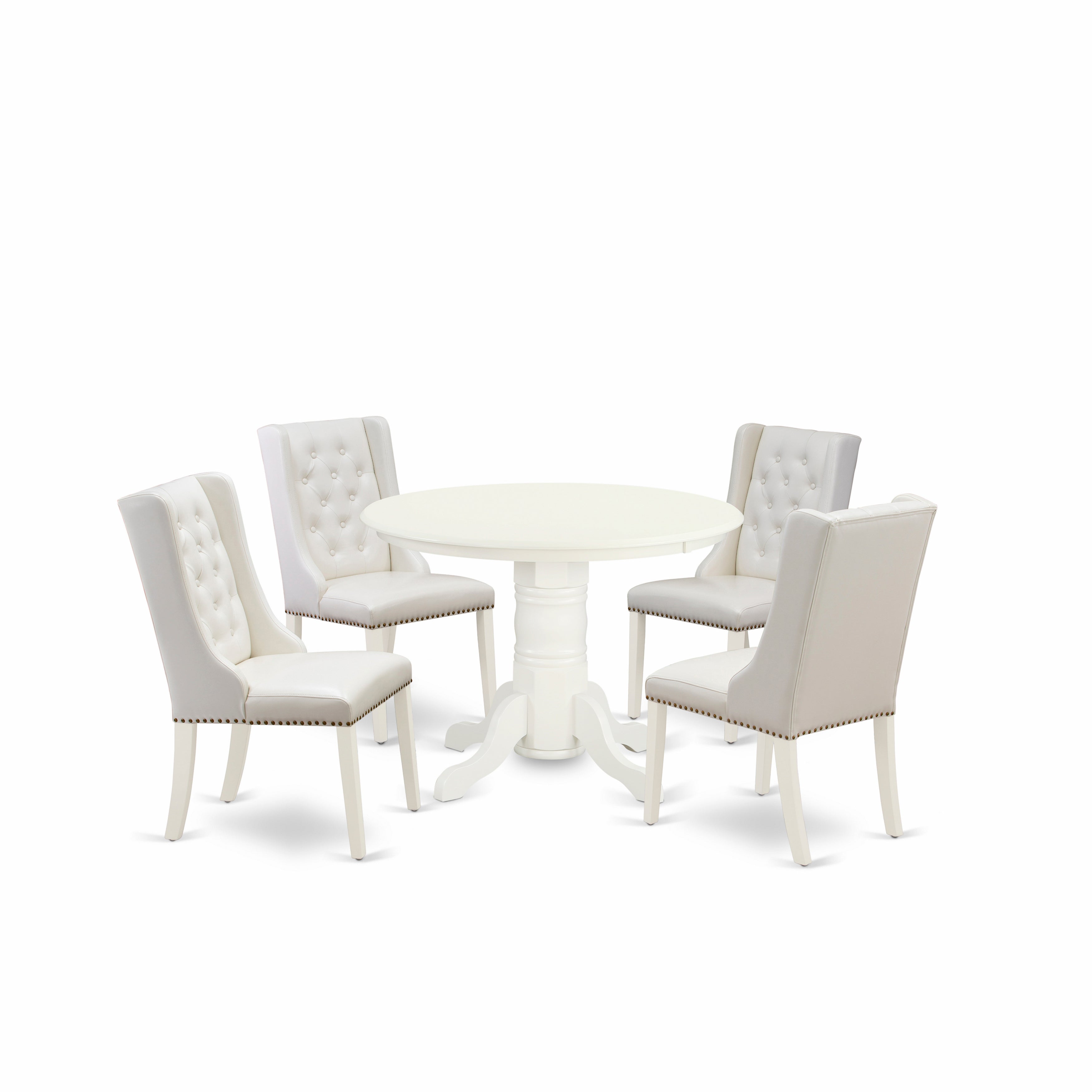 East West Furniture SHFO5-WHI-44 5-Piece Dinette Set Includes 1 Pedestal Wooden Dining Table and 4 Linen white PU faux Leather parson dining room chairs with Button Tufted Back - linen white Finish